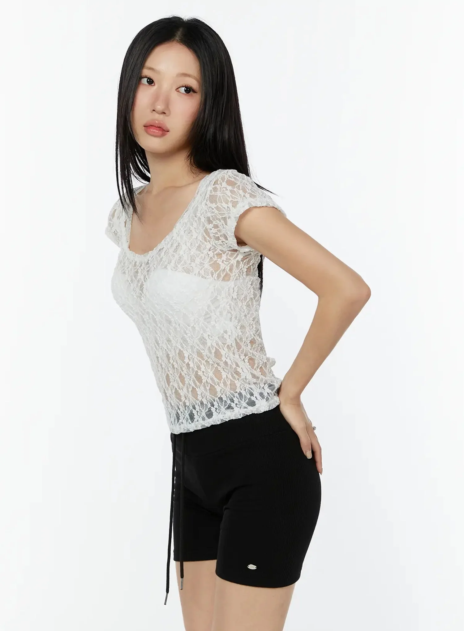 Lace Sheer Cap Sleeve Top IU522 - Image 8