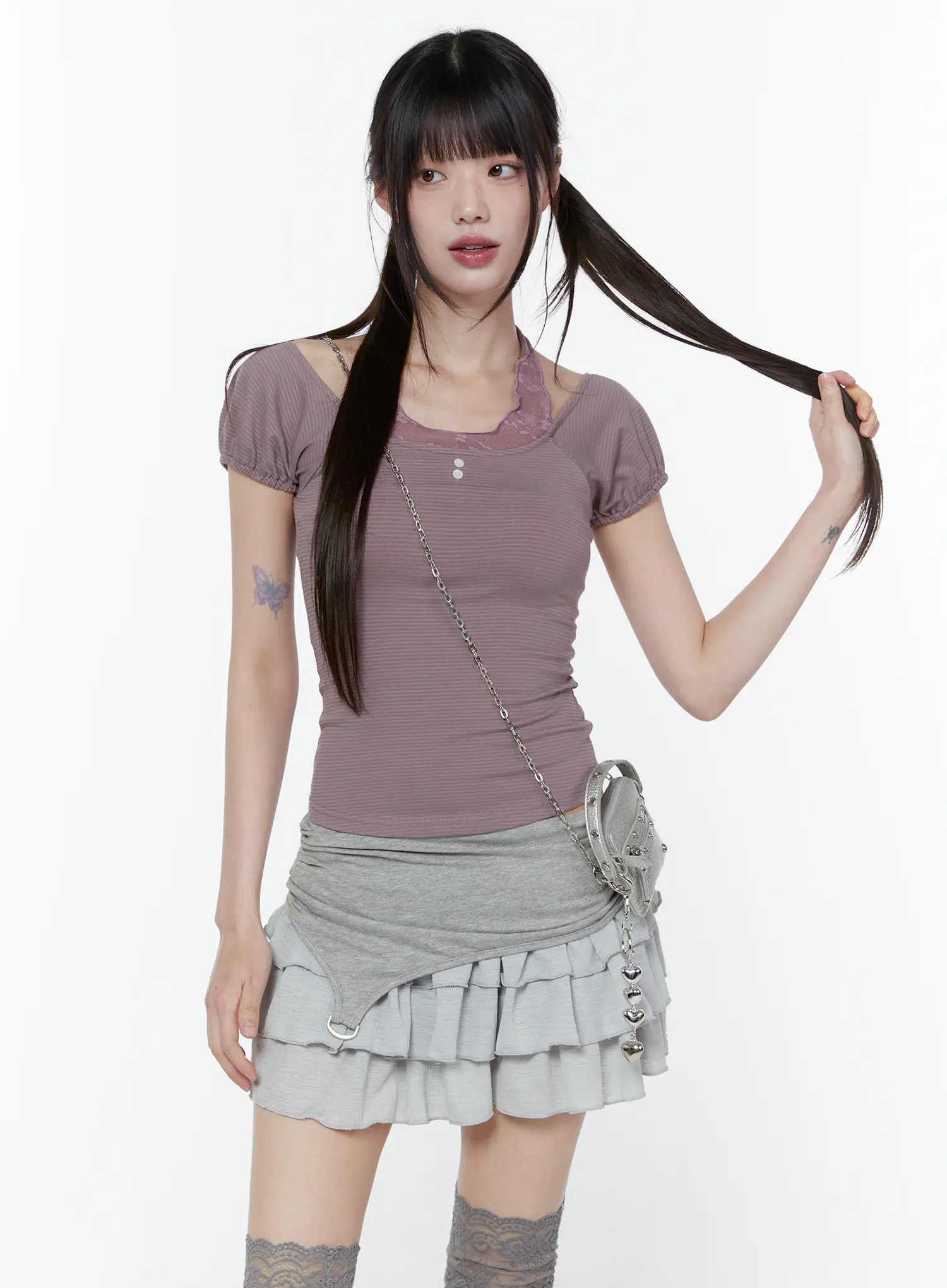 Lace Striped Halter Neck Tee CU508
