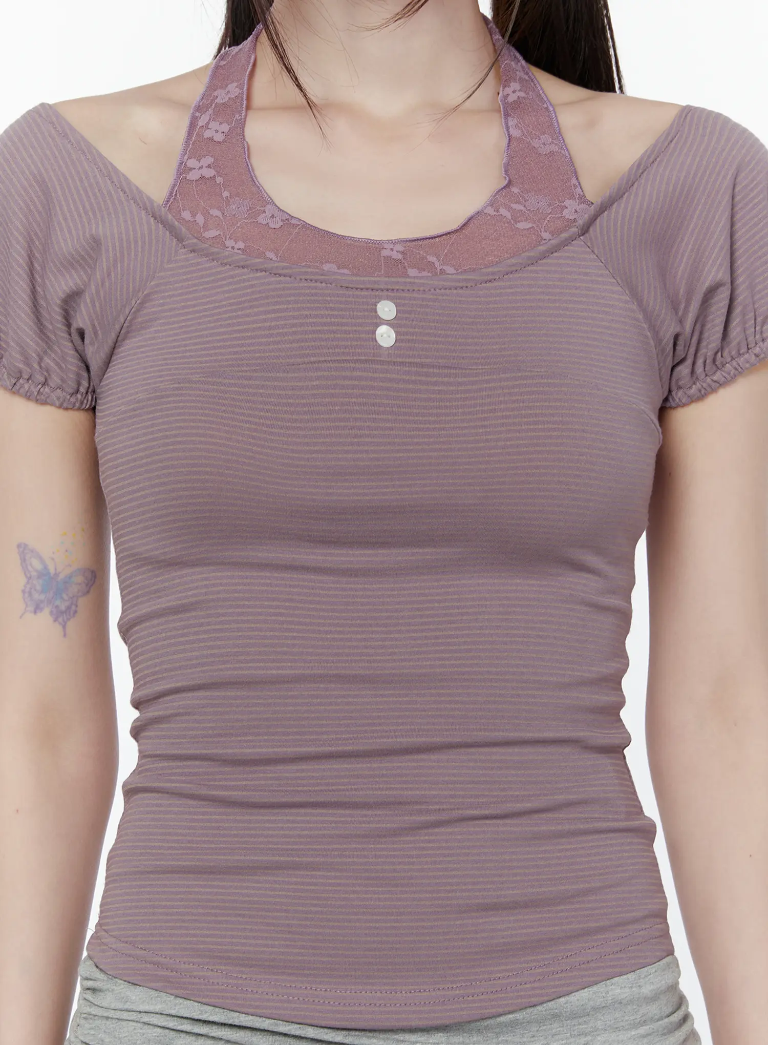 Lace Striped Halter Neck Tee CU508 - Image 4