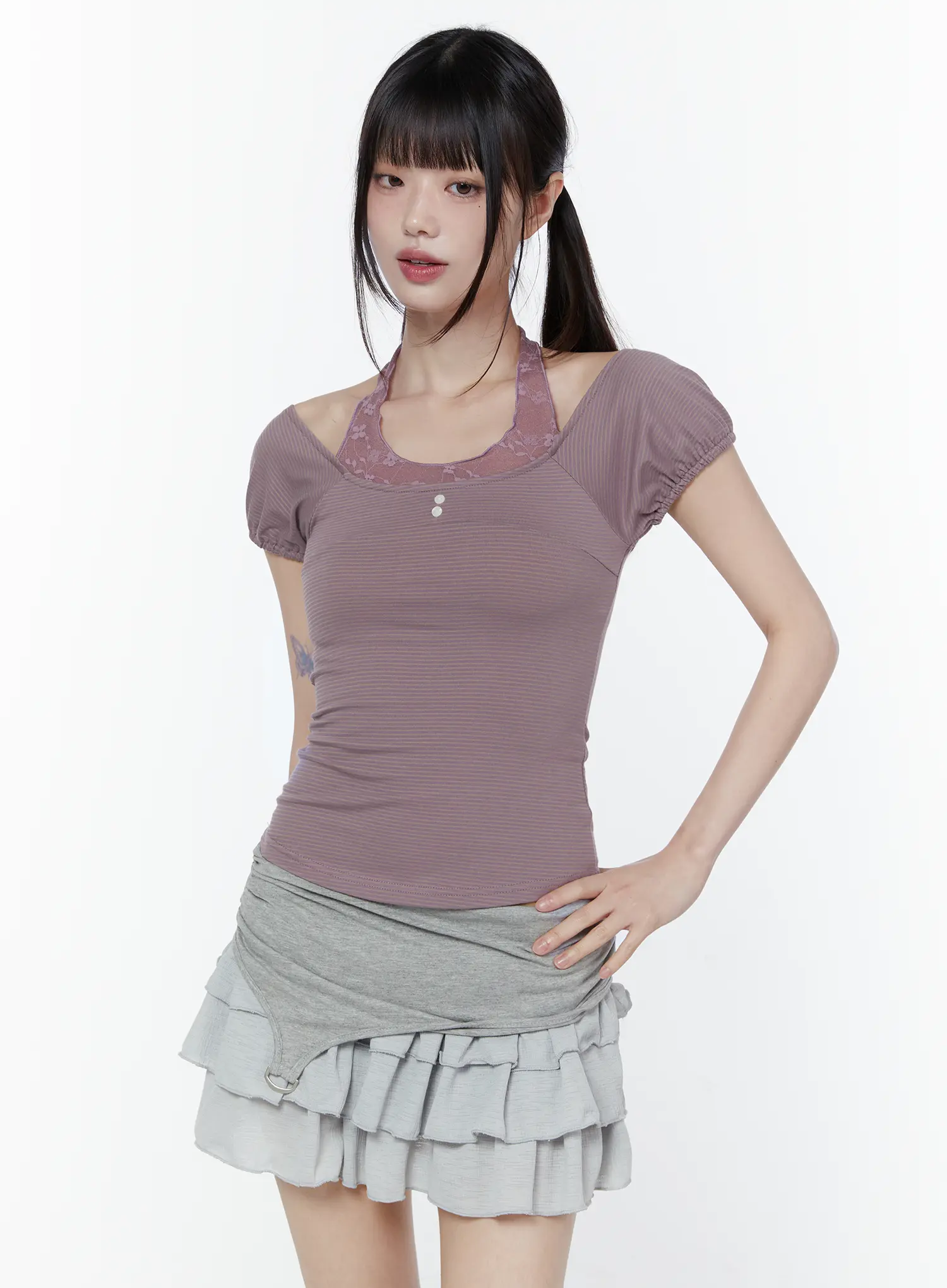 Lace Striped Halter Neck Tee CU508 - Image 5