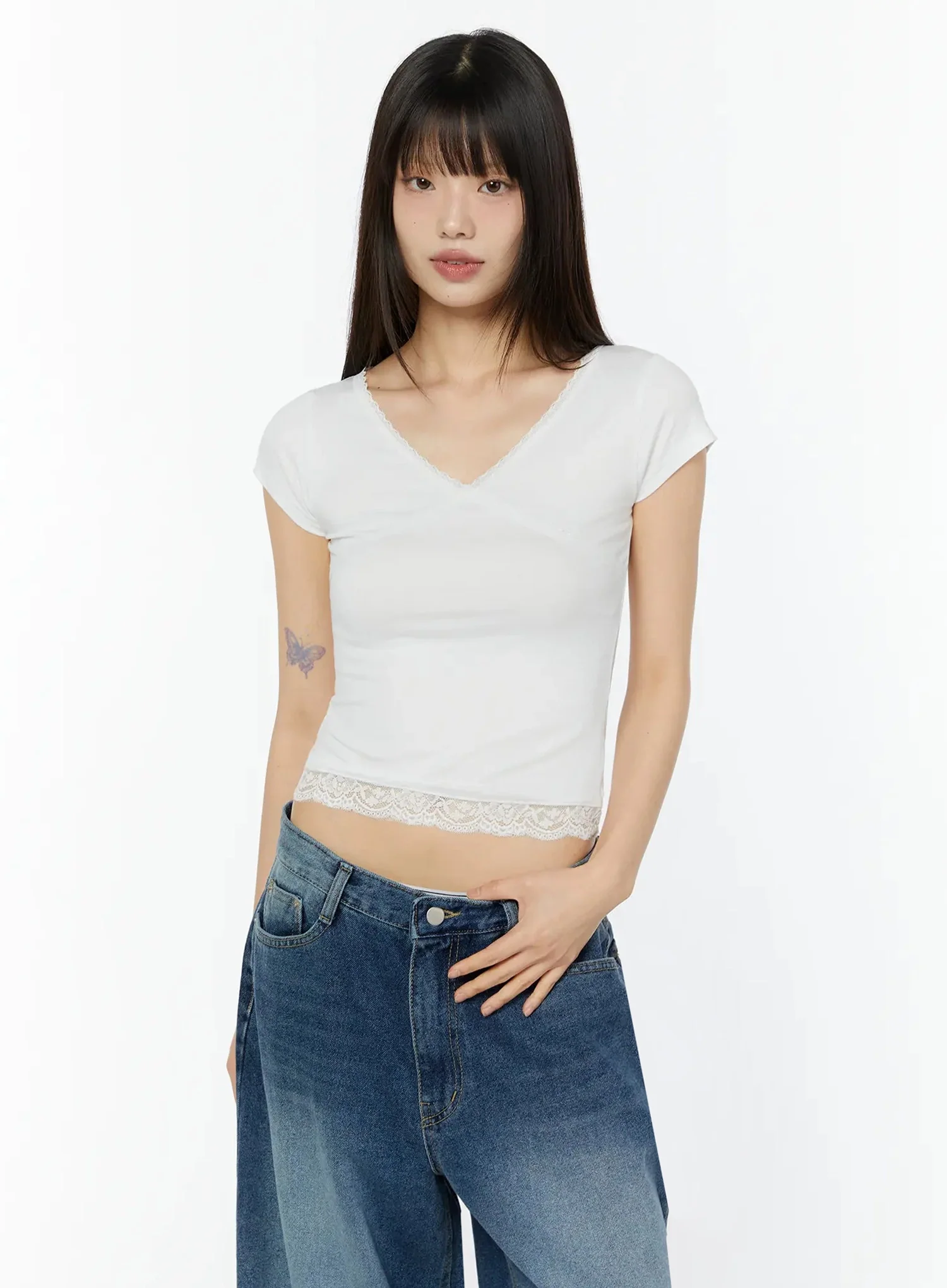 Lace Trim Layered Crop Tee IU518 - Image 11