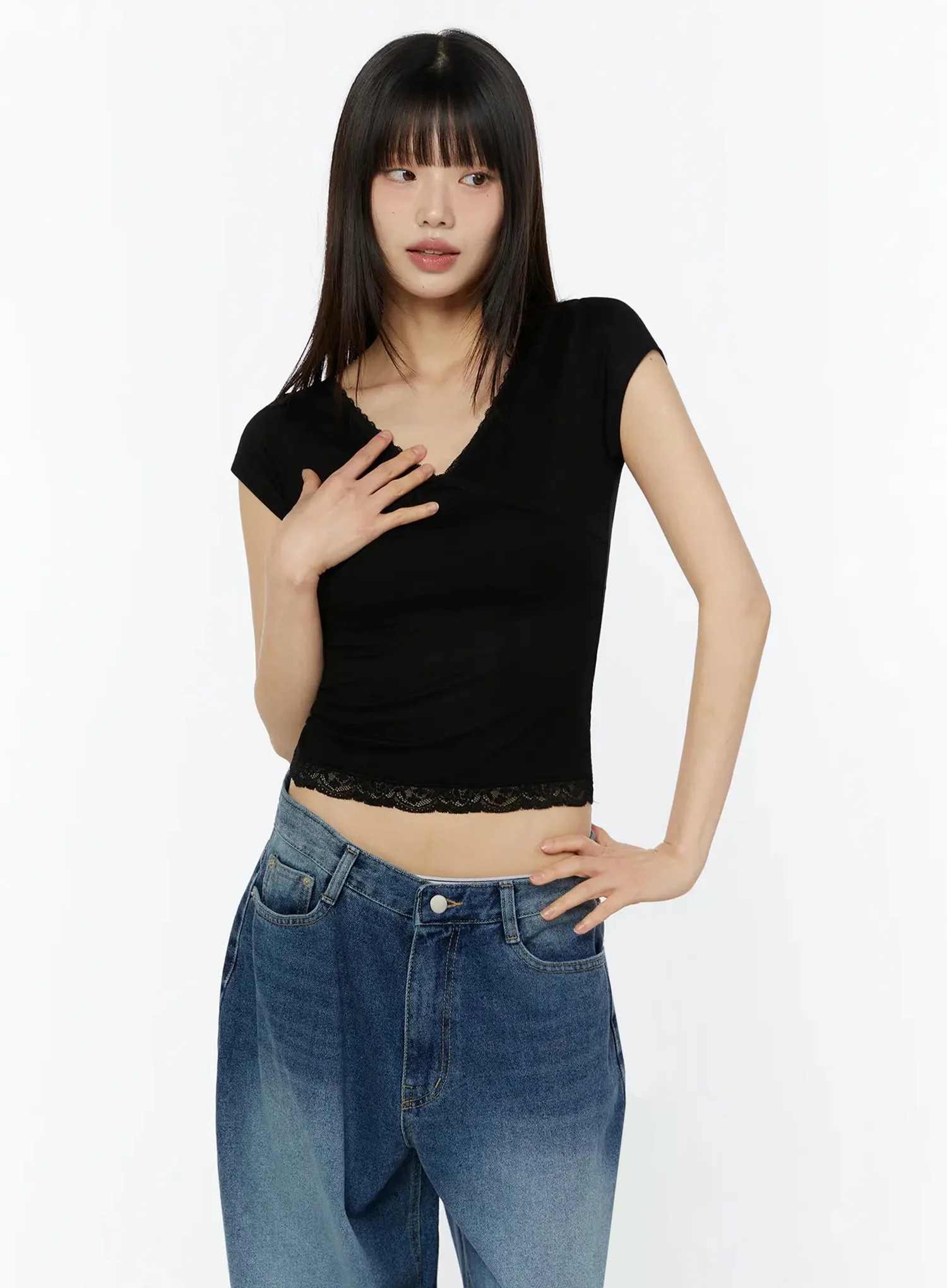 Lace Trim Layered Crop Tee IU518 - Image 12