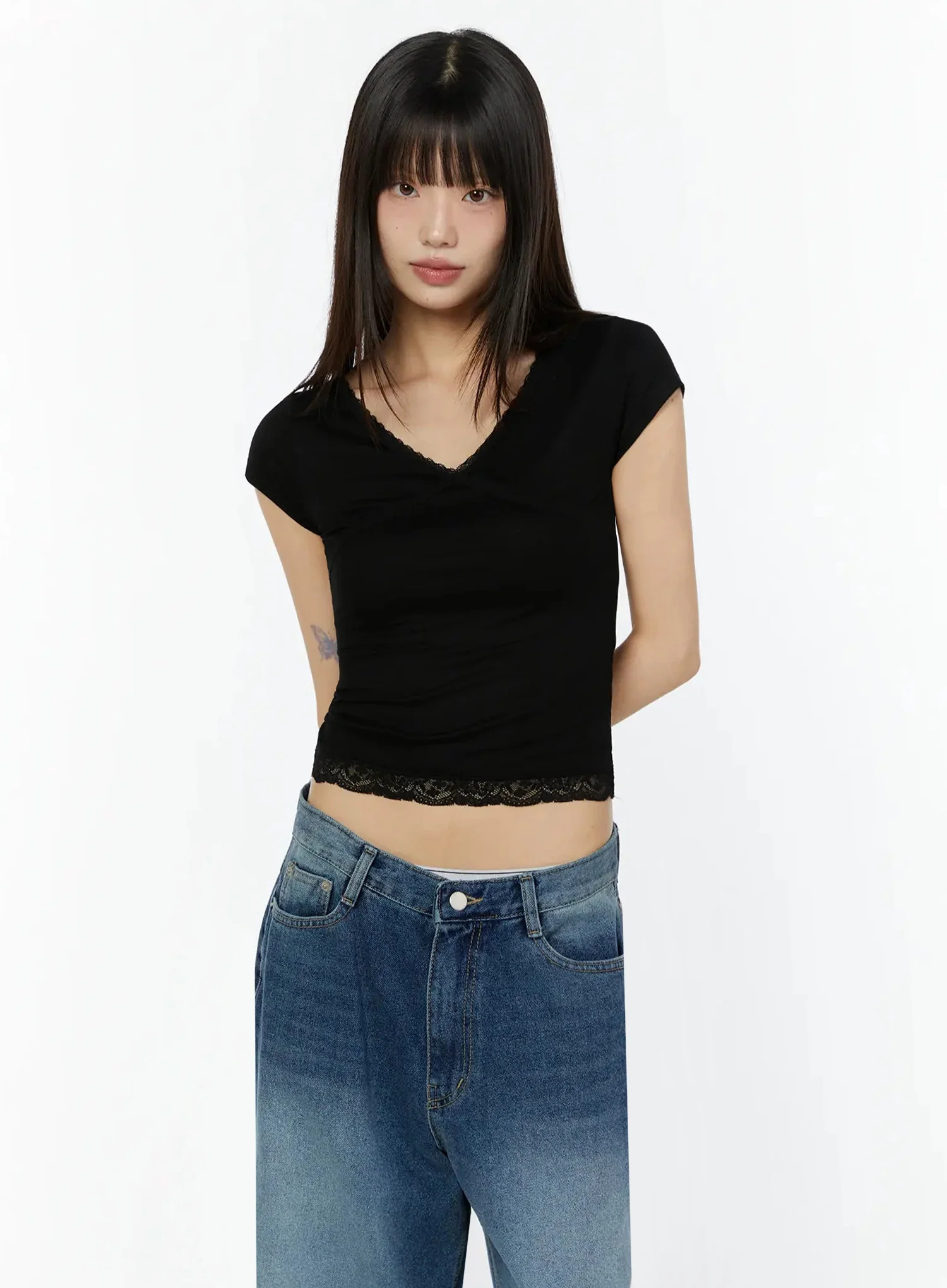 Lace Trim Layered Crop Tee IU518 - Image 2