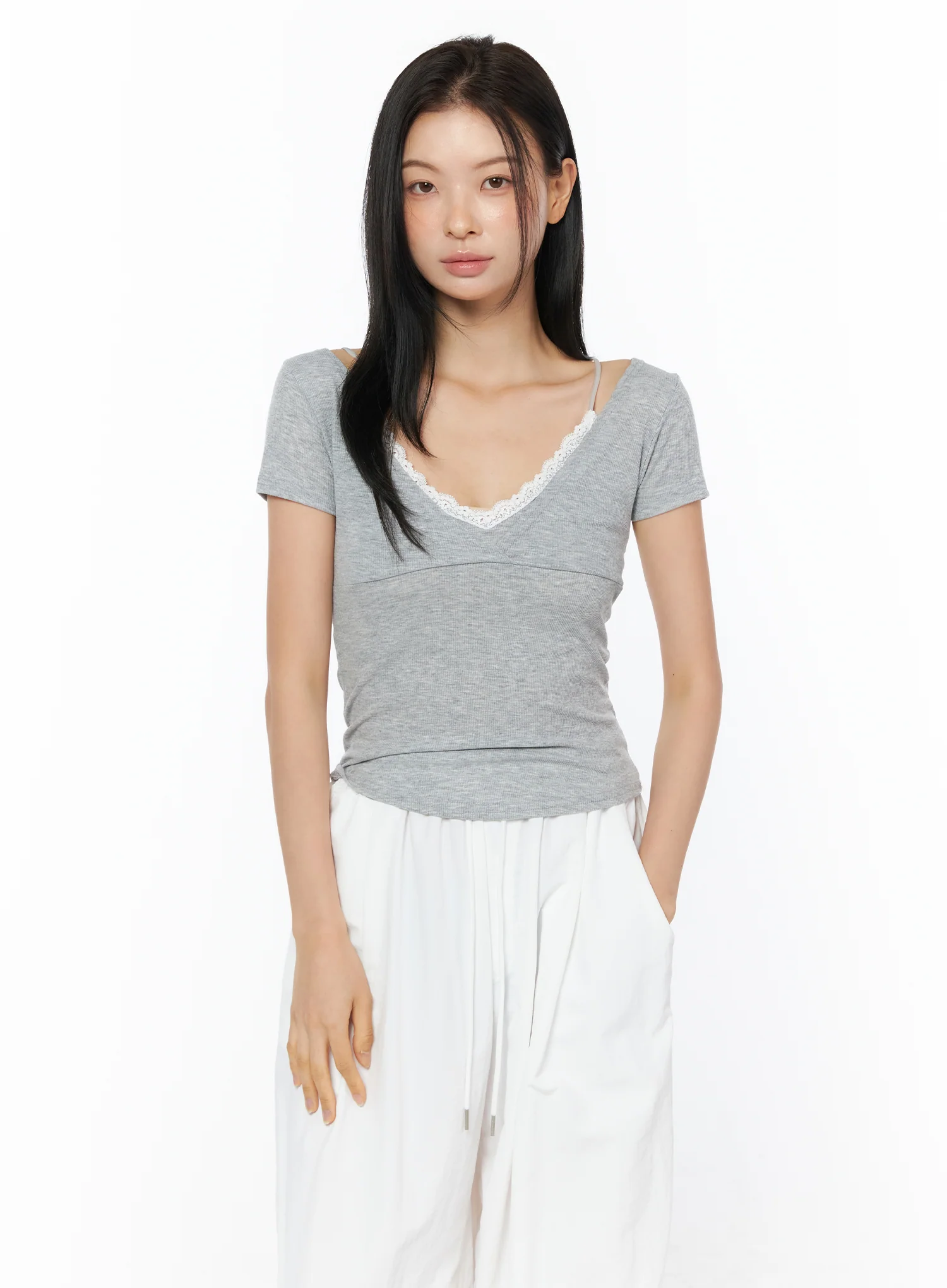 Lace Trim Layered Short Sleeve Tee IU519 - Image 11