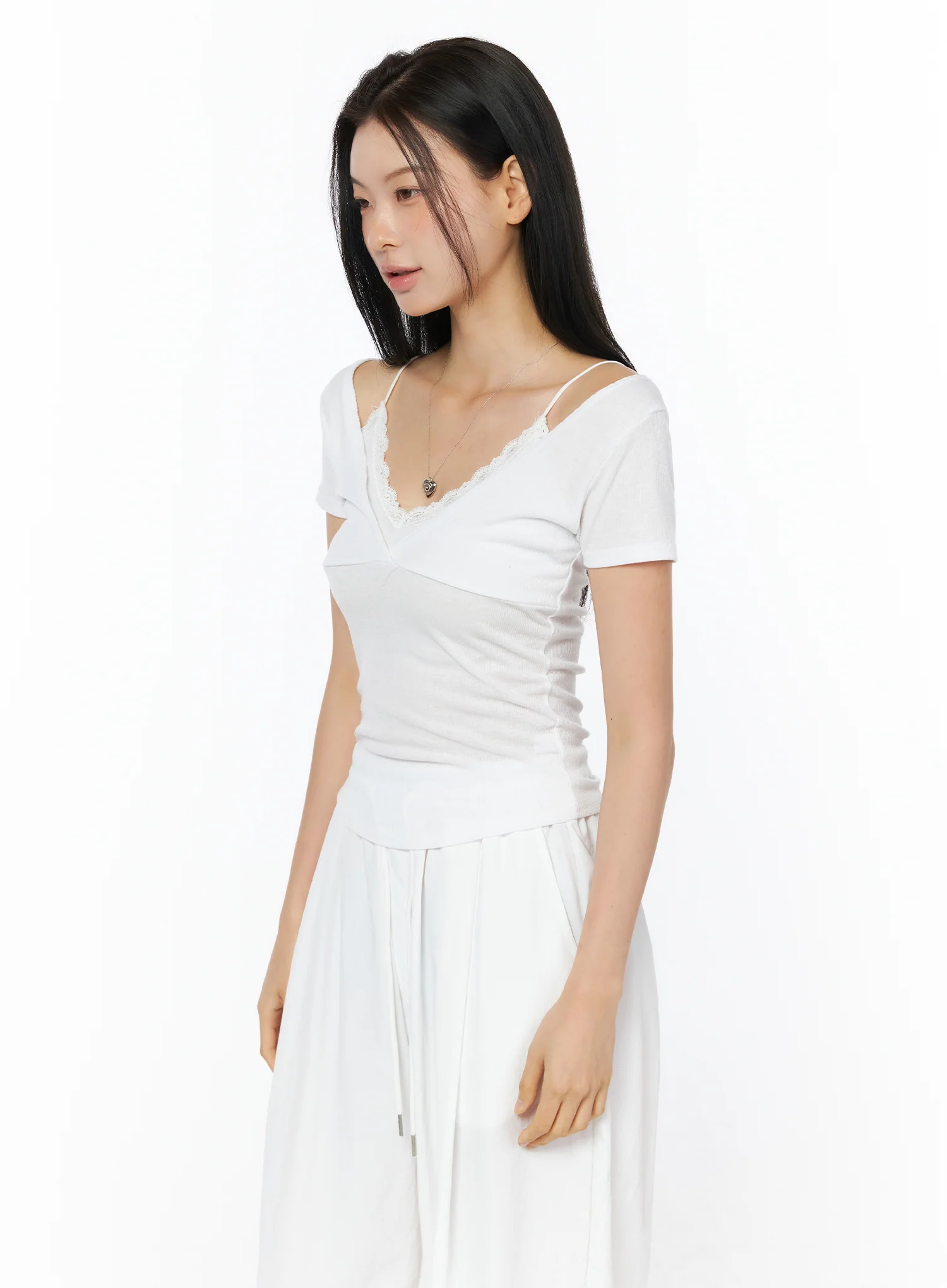 Lace Trim Layered Short Sleeve Tee IU519 - Image 12