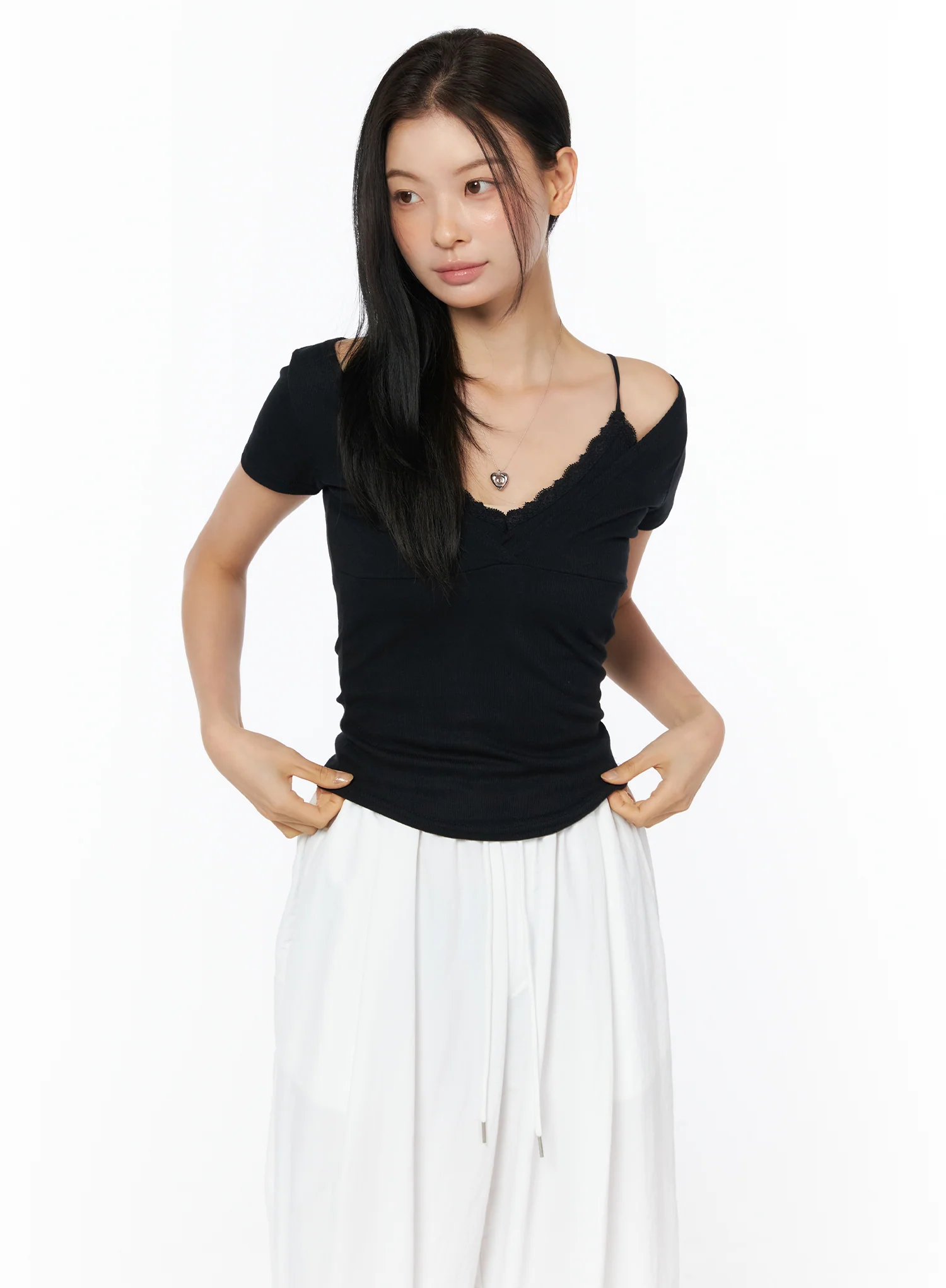 Lace Trim Layered Short Sleeve Tee IU519 - Image 13