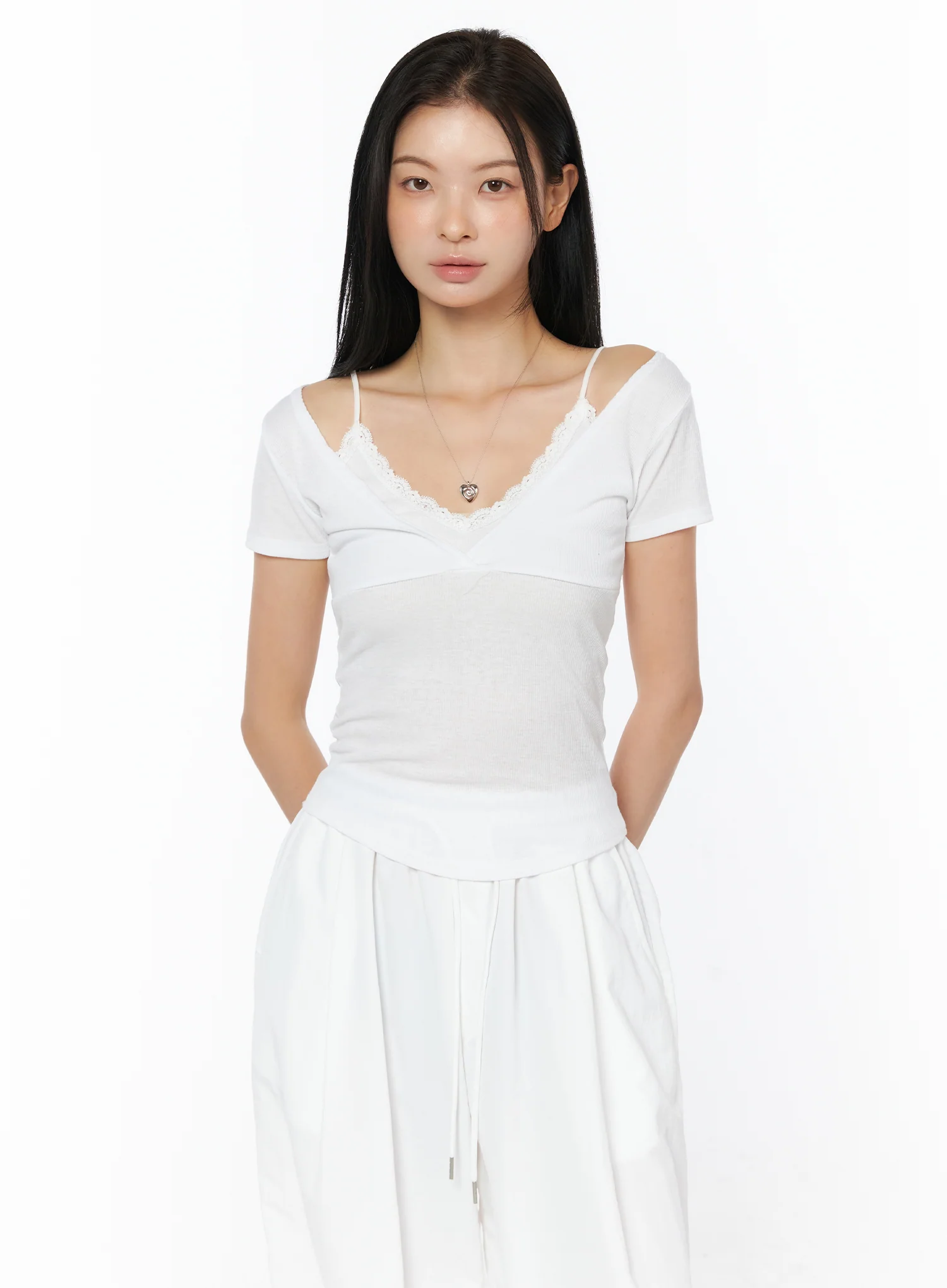Lace Trim Layered Short Sleeve Tee IU519 - Image 2