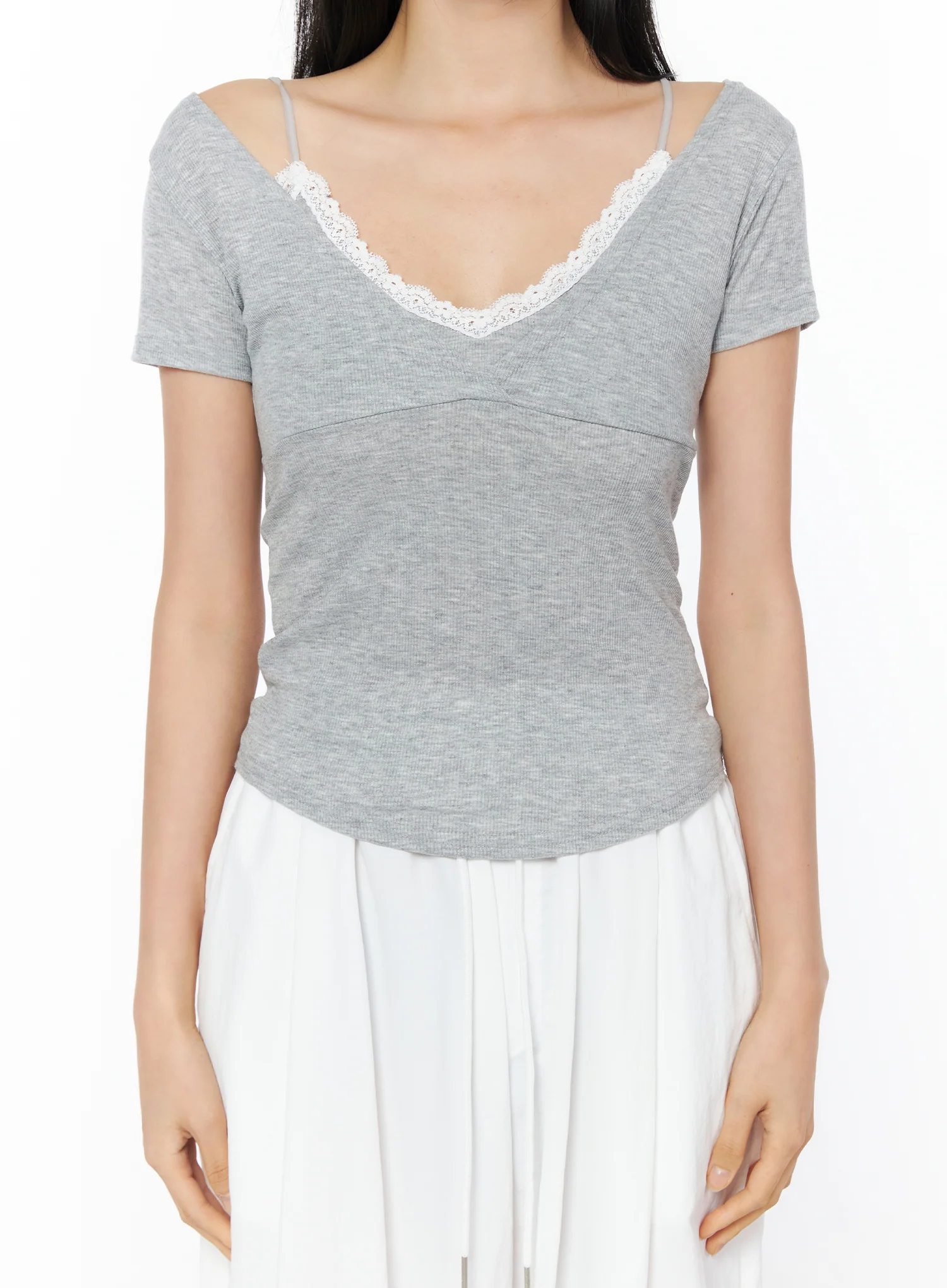 Lace Trim Layered Short Sleeve Tee IU519 - Image 3