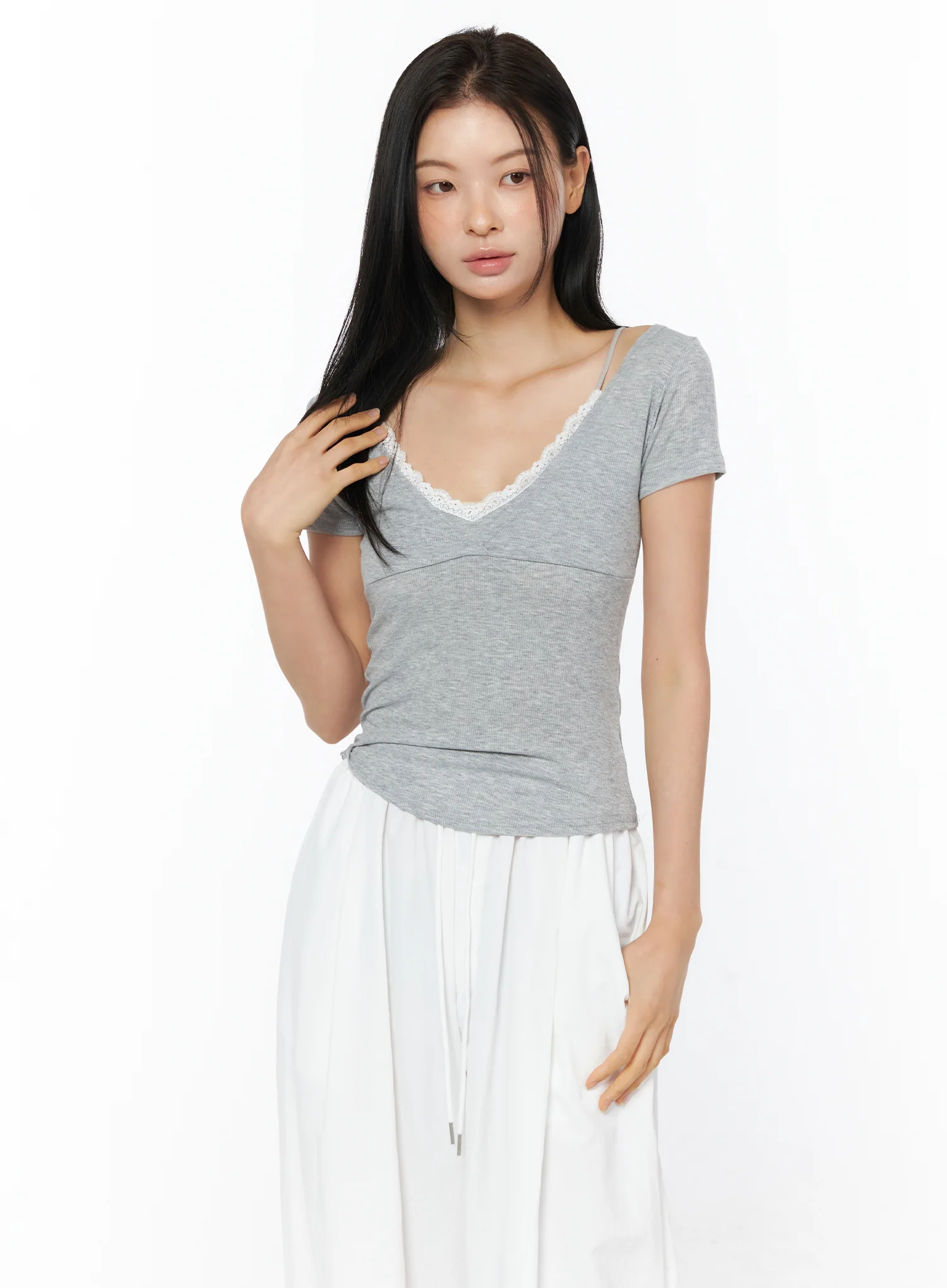 Lace Trim Layered Short Sleeve Tee IU519 - Image 9