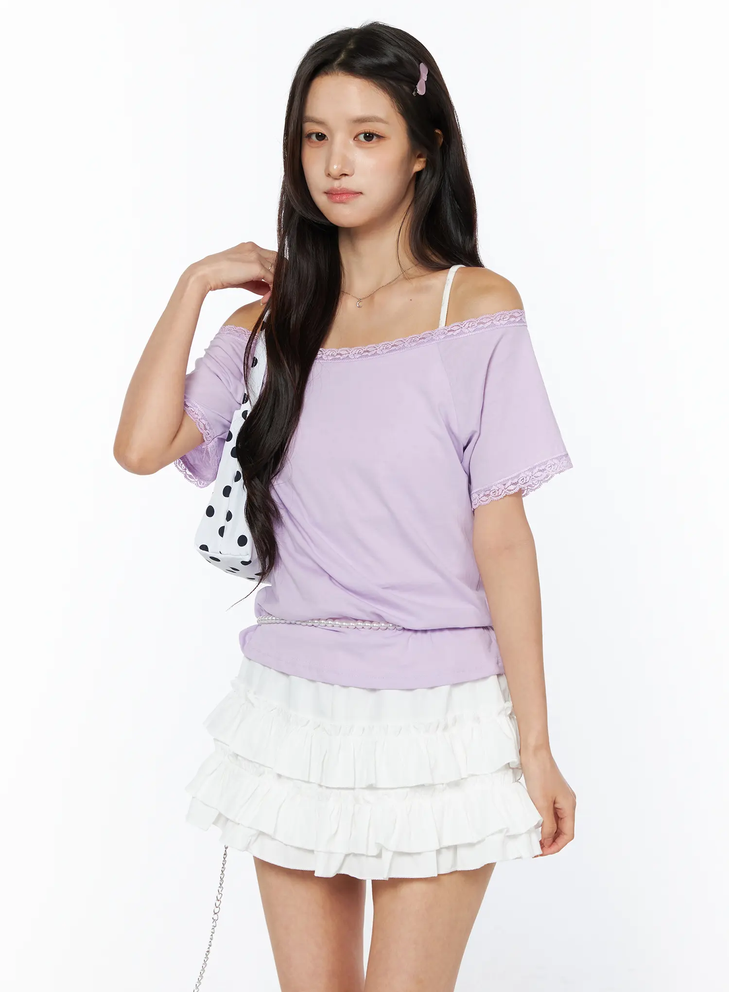 Lace Trim Off-Shoulder Tee CU522
