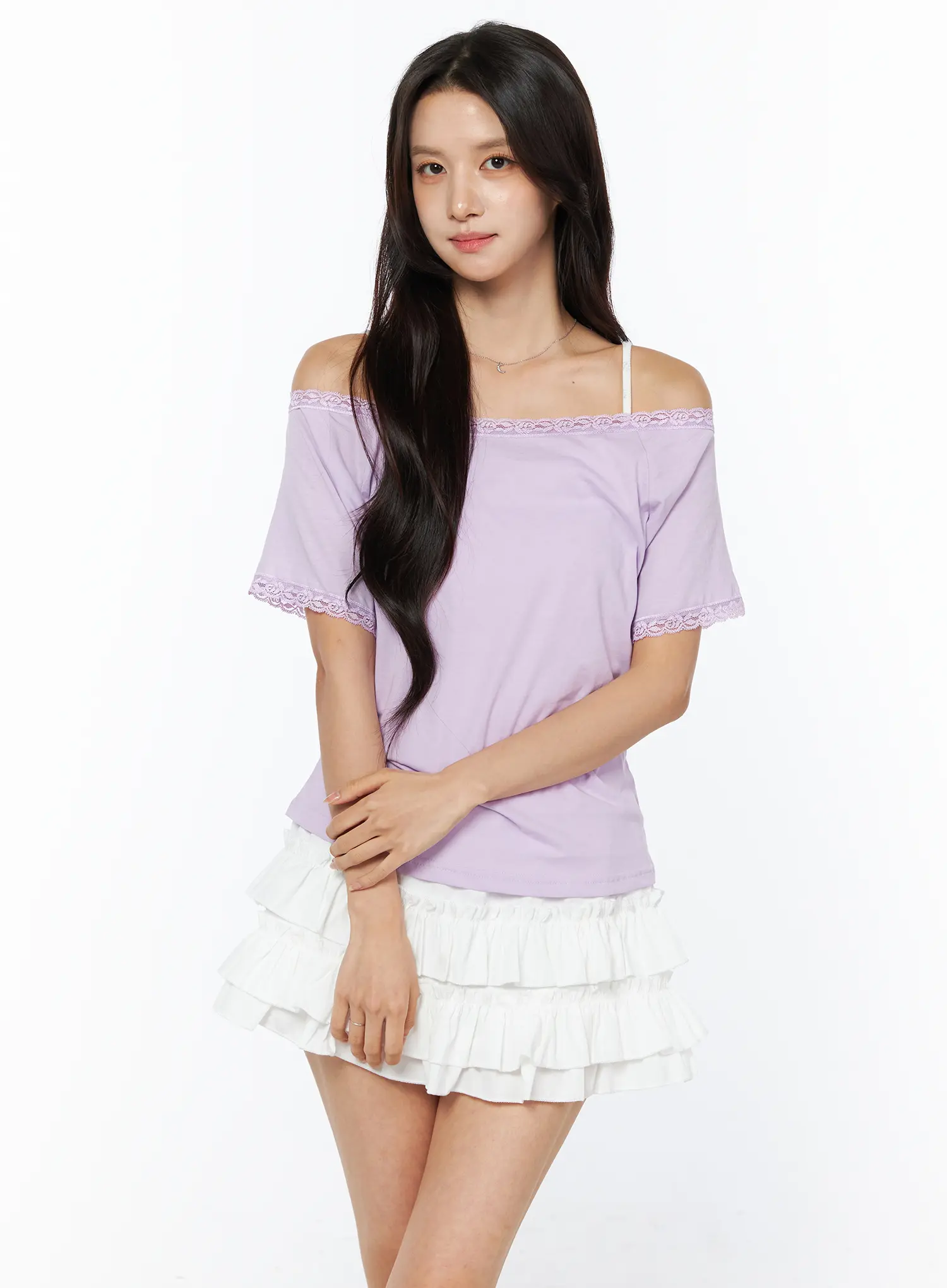 Lace Trim Off-Shoulder Tee CU522 - Image 4