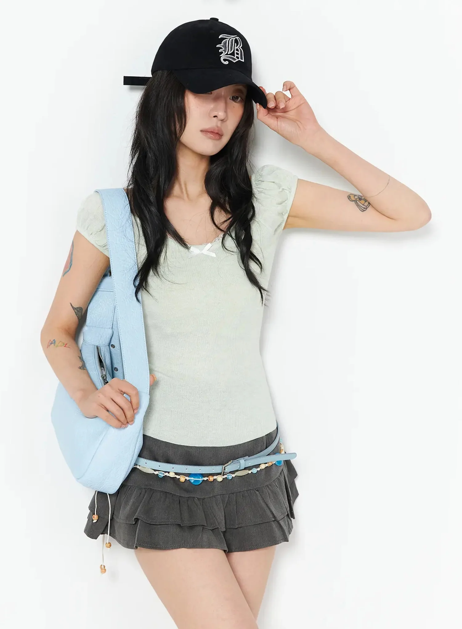 Lace Trim Puff Short Sleeve Top IU508