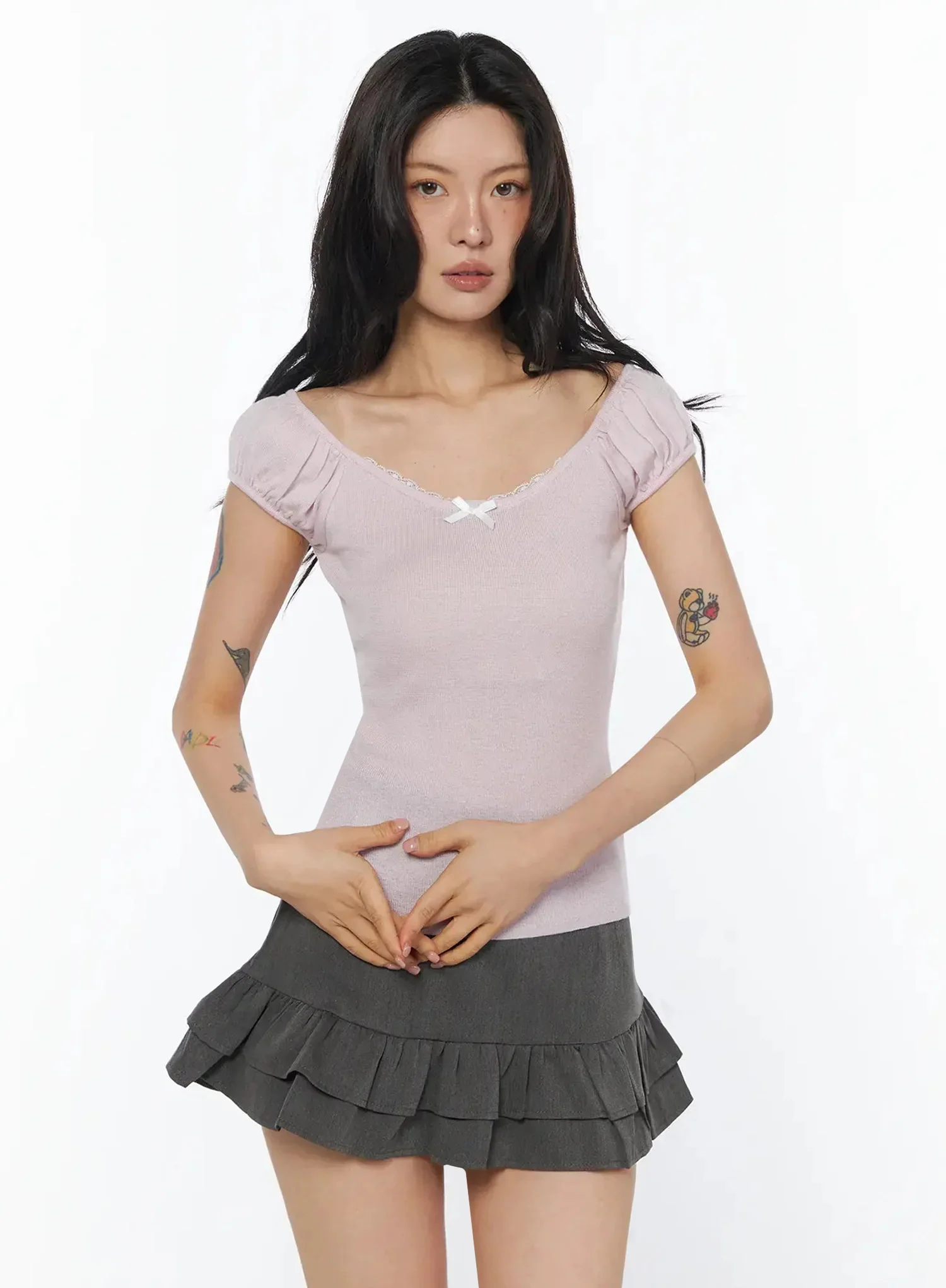 Lace Trim Puff Short Sleeve Top IU508 - Image 10