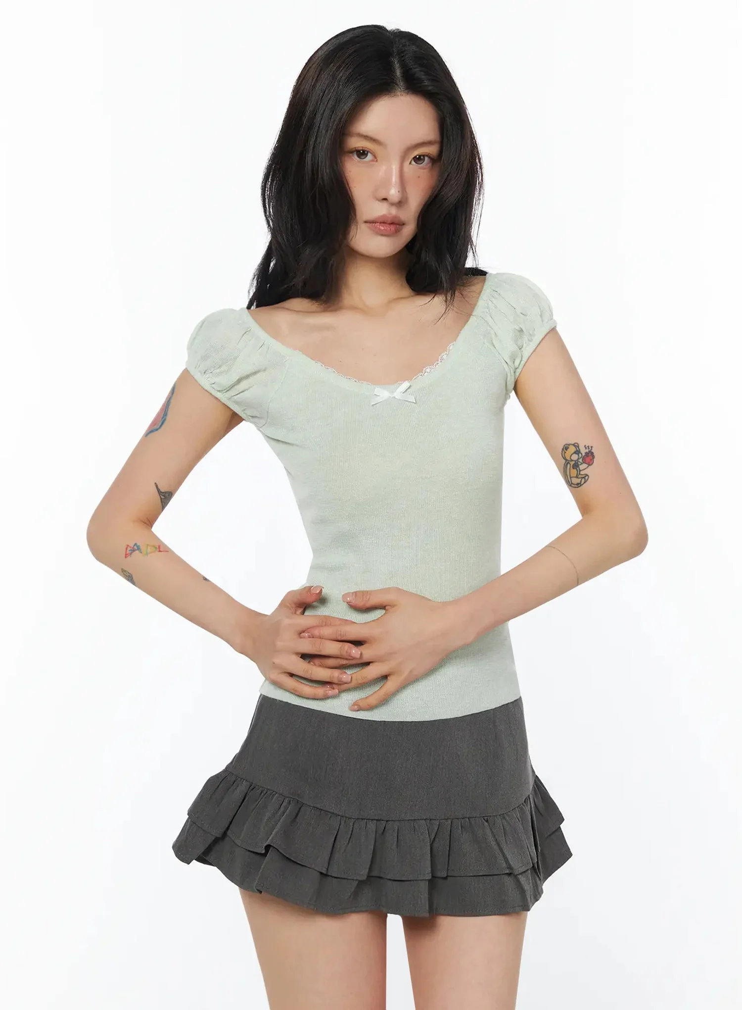 Lace Trim Puff Short Sleeve Top IU508 - Image 6