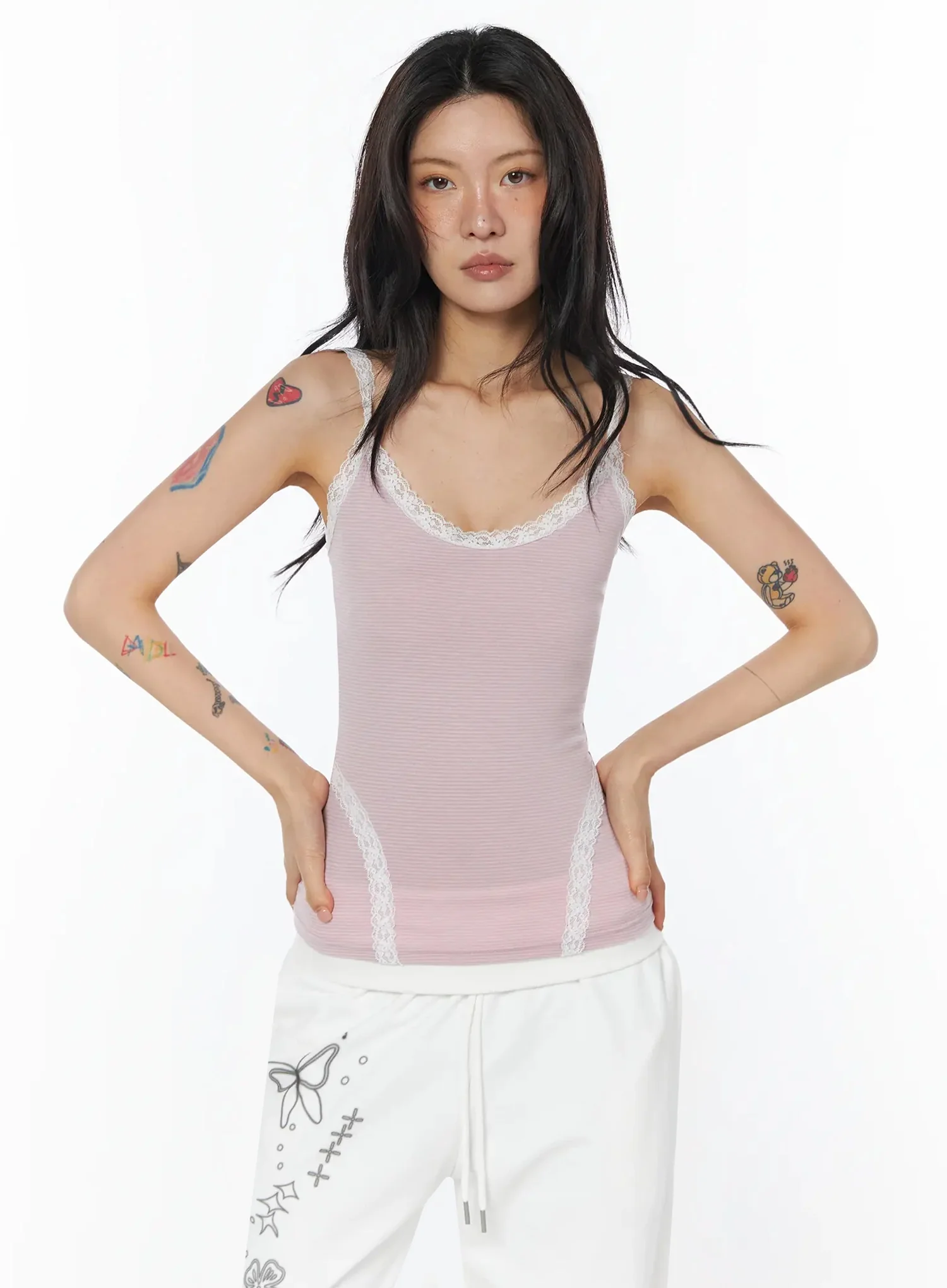 Lace Trim Striped Cami Top IU508 - Image 12