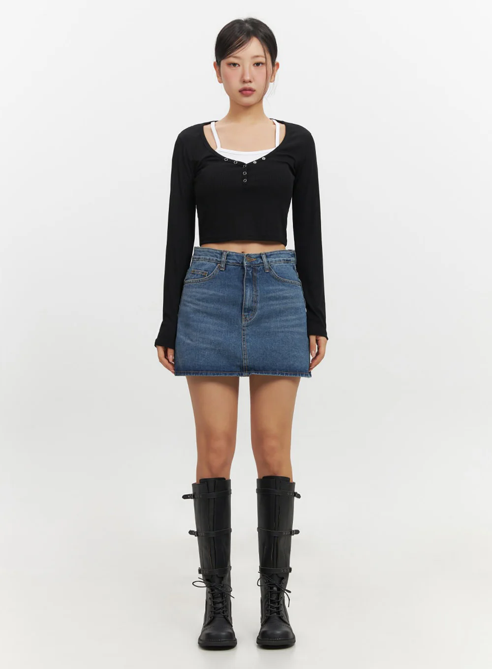 Lace-Up Buckle Faux-Leather Long Boots IF510 - Image 4