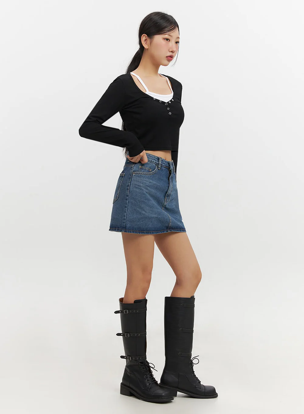 Lace-Up Buckle Faux-Leather Long Boots IF510 - Image 9