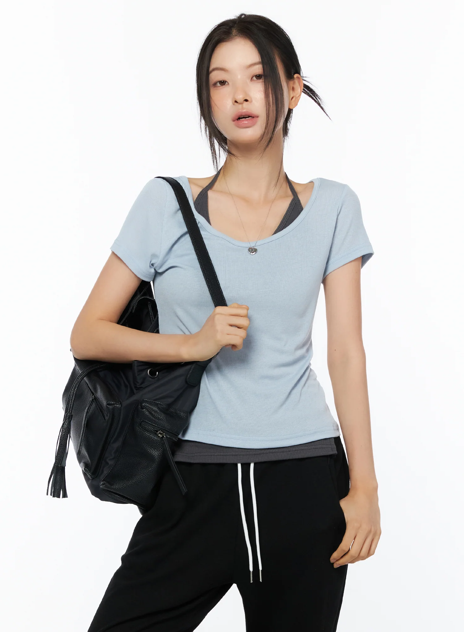 Layered Halter Neck Short Sleeve Top IU516