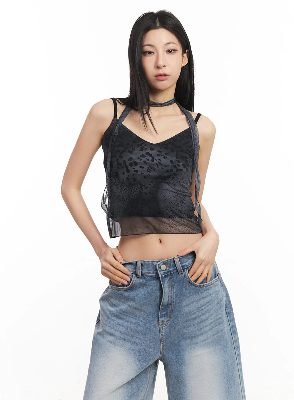 Leopard Mesh Crop Cami Top with Scarf CA516
