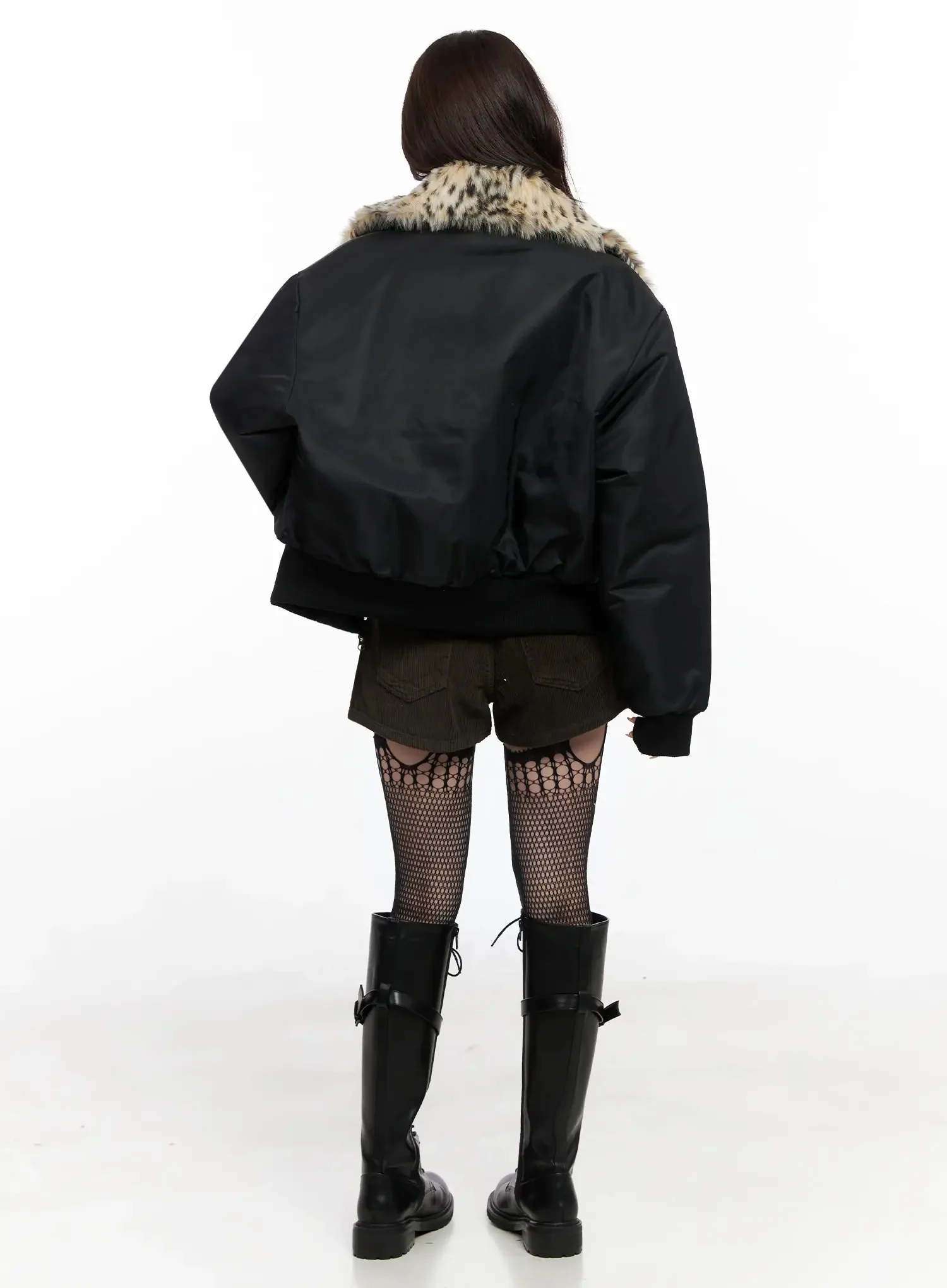 Leopard Print Fur Collar Bomber Jacket IN525 - Image 10