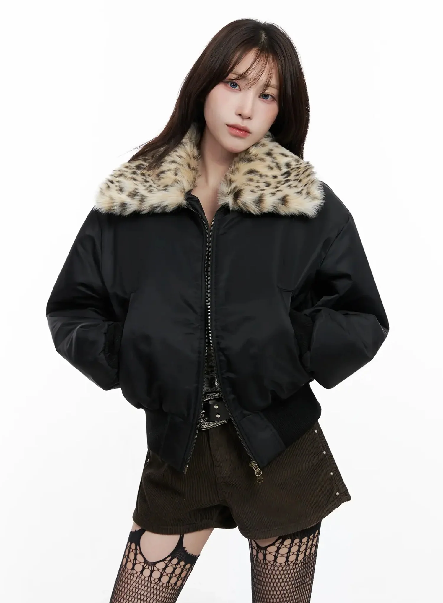 Leopard Print Fur Collar Bomber Jacket IN525 - Image 5