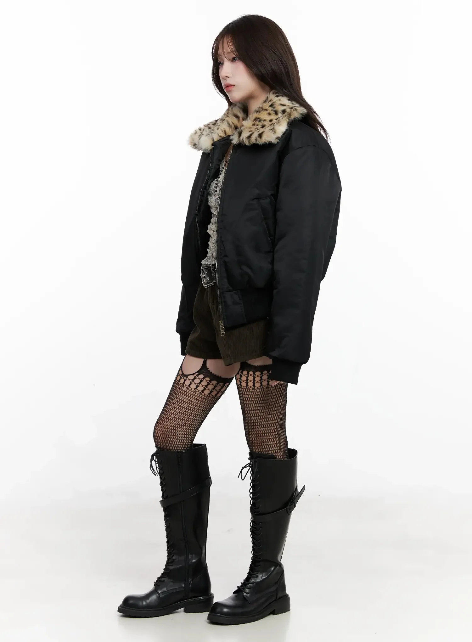Leopard Print Fur Collar Bomber Jacket IN525 - Image 9