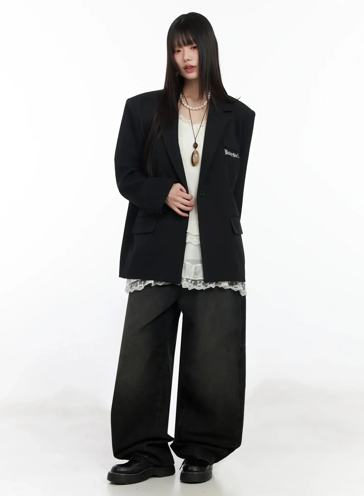 Lettering Embroidered Oversized Blazer IM530 - Image 6