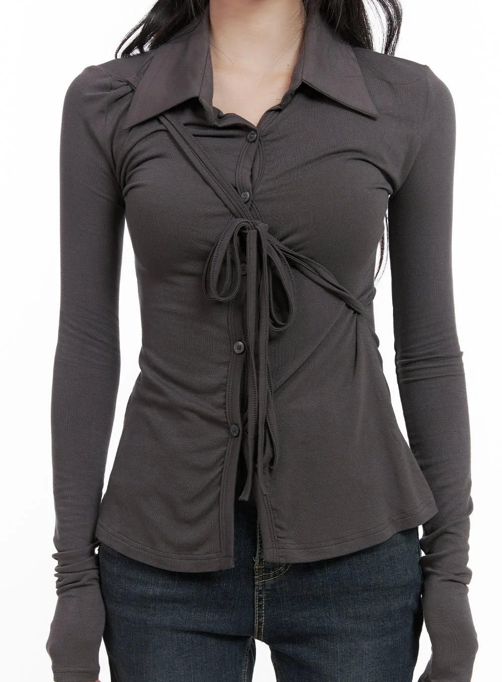 Long Sleeve Slim Tie Collar Top CG421 - Image 3