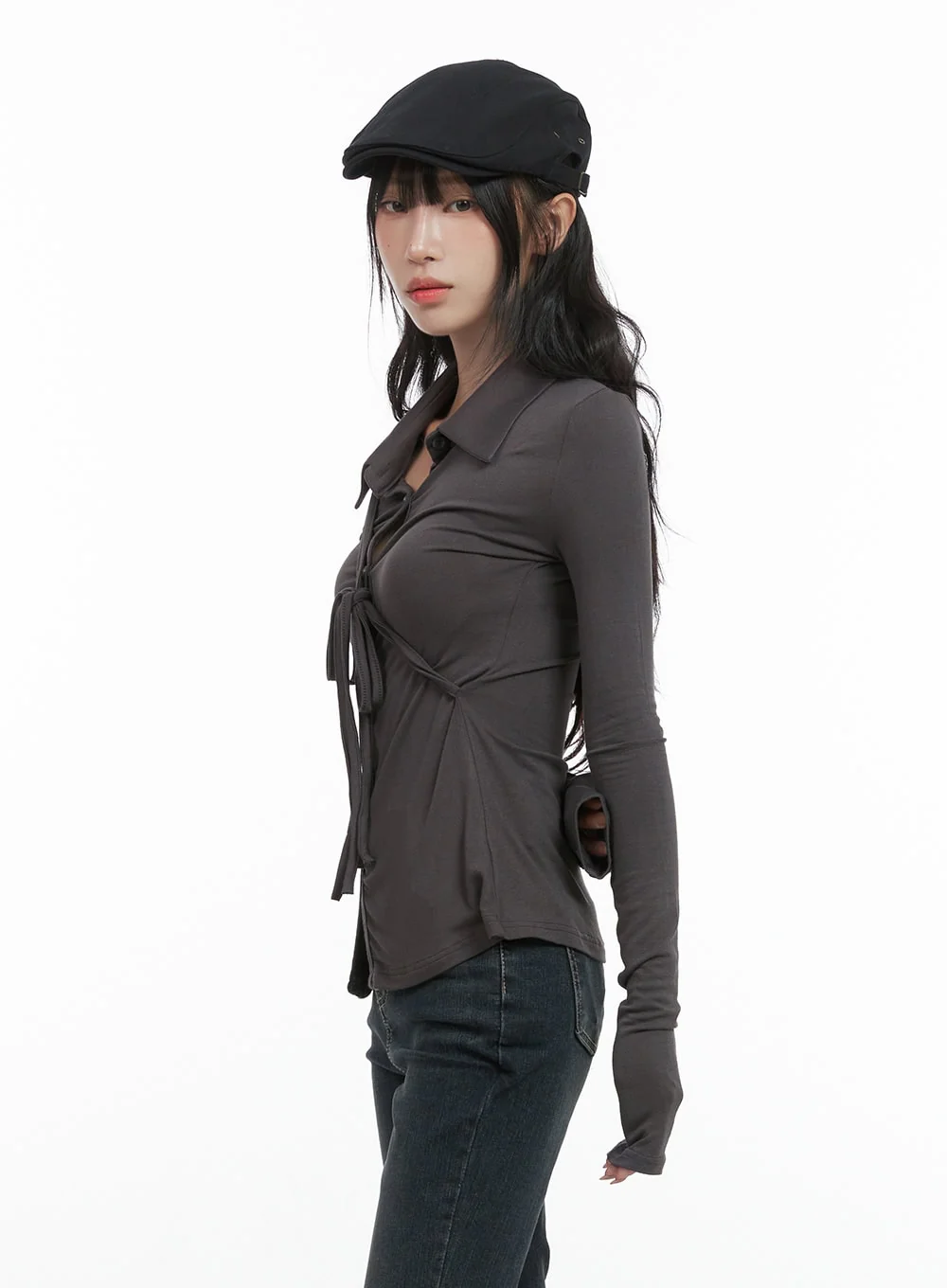 Long Sleeve Slim Tie Collar Top CG421 - Image 4