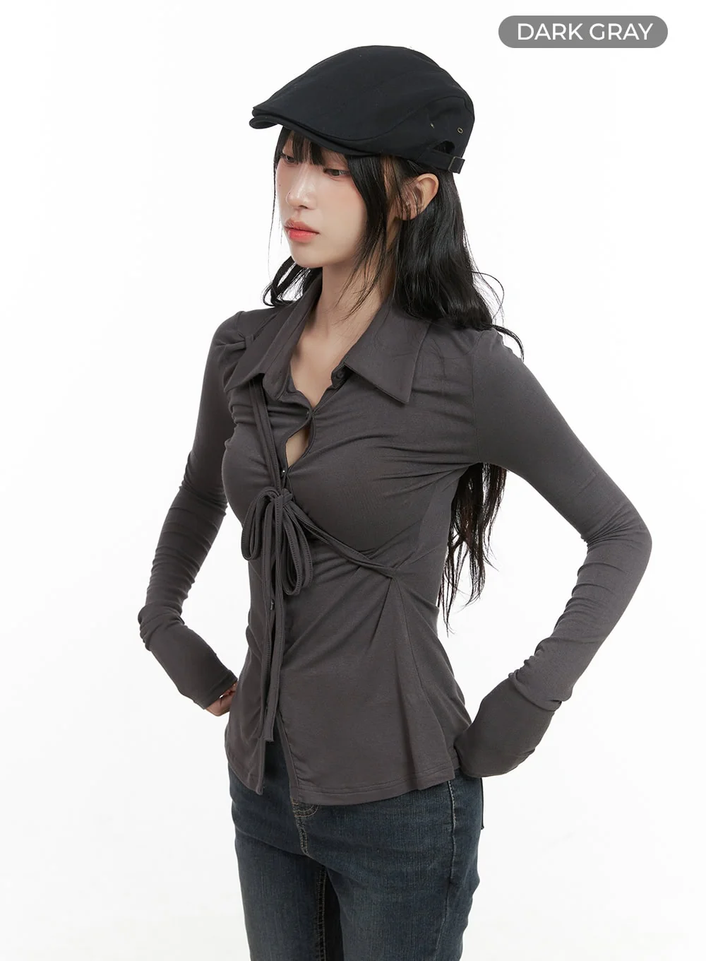 Long Sleeve Slim Tie Collar Top CG421 - Image 7