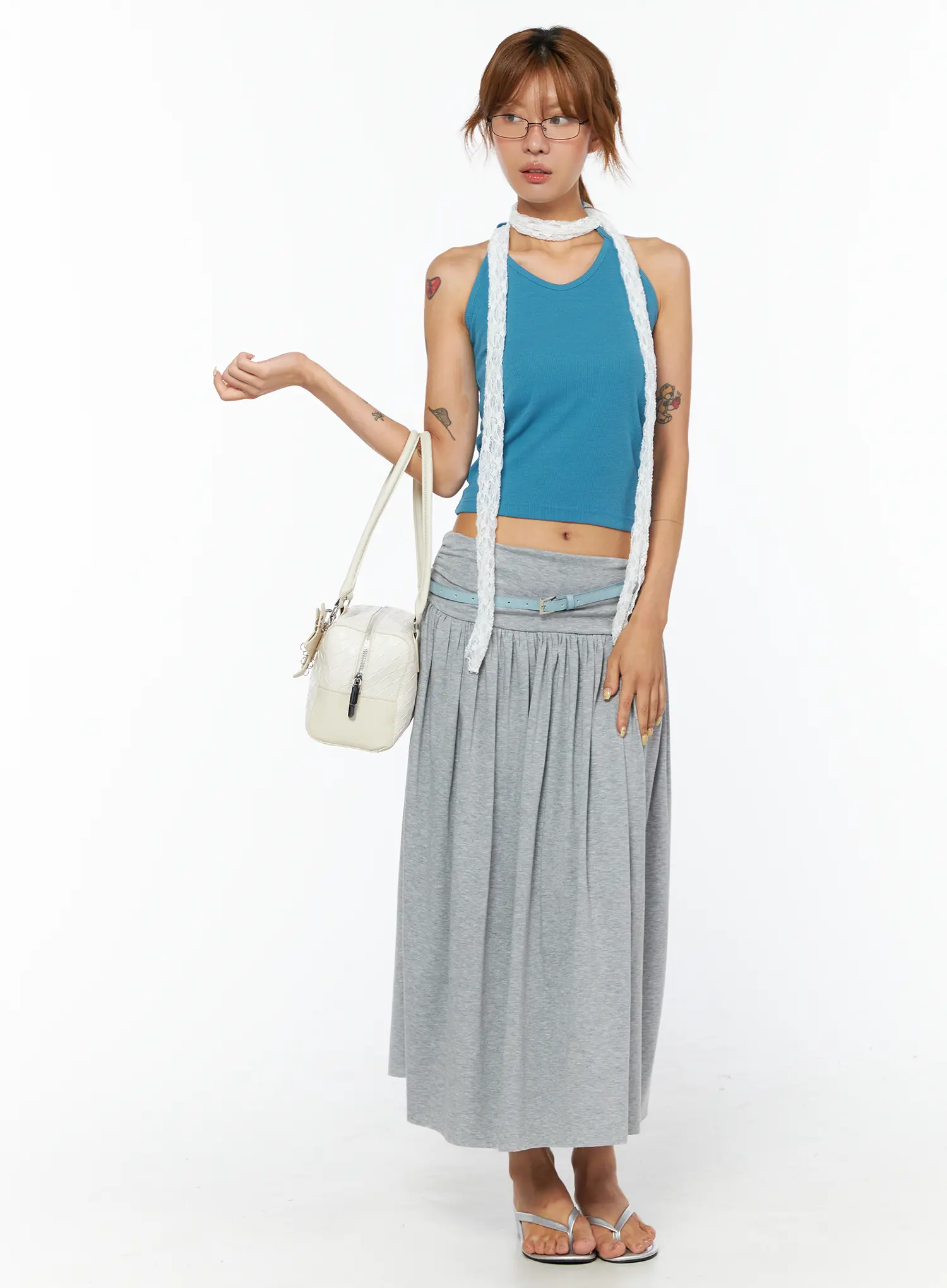 Low-Rise Shirred Cotton Midi Skirt CU518