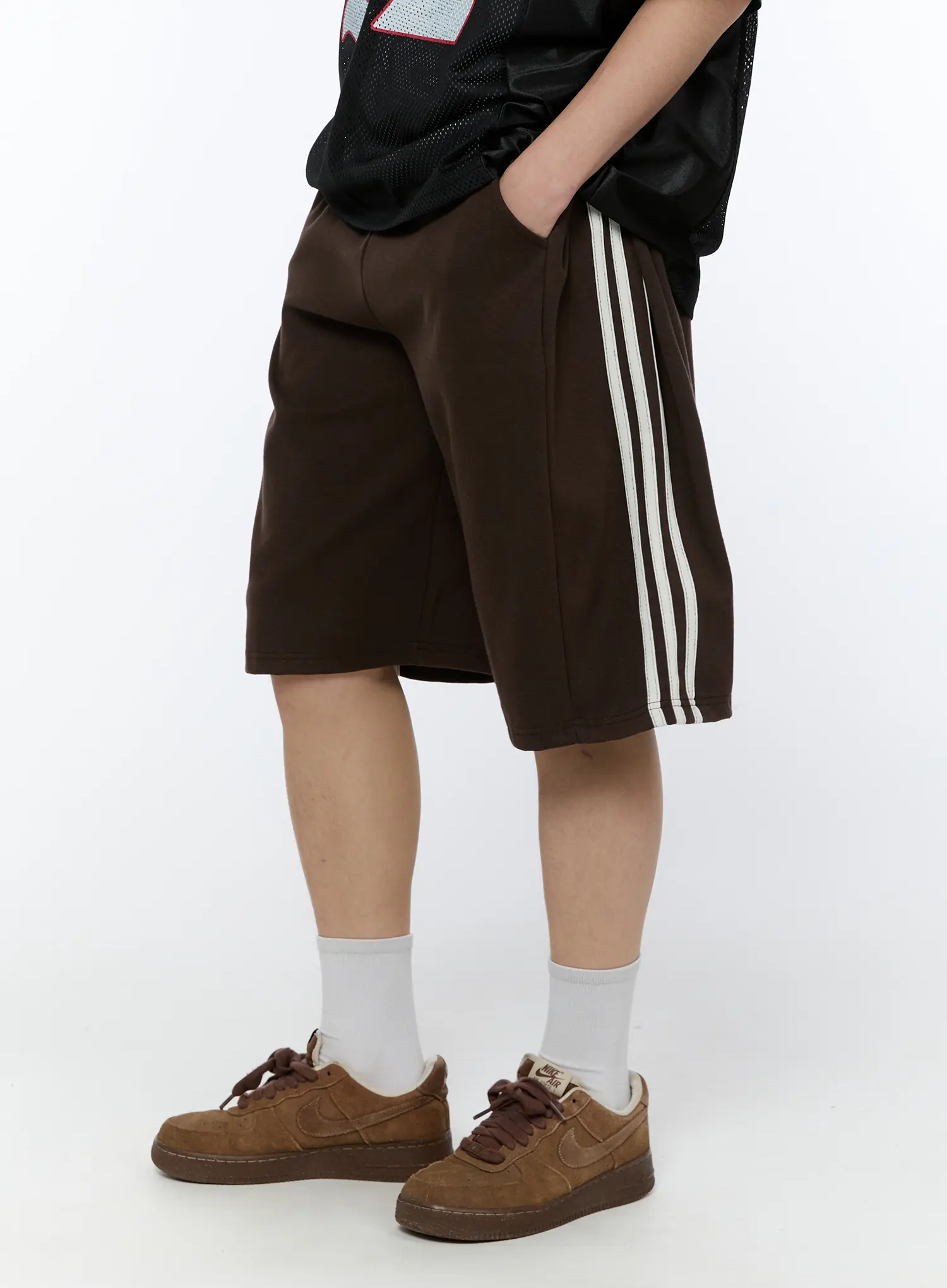 Men's Black Stripe Track Shorts (Dark Brown) IA517