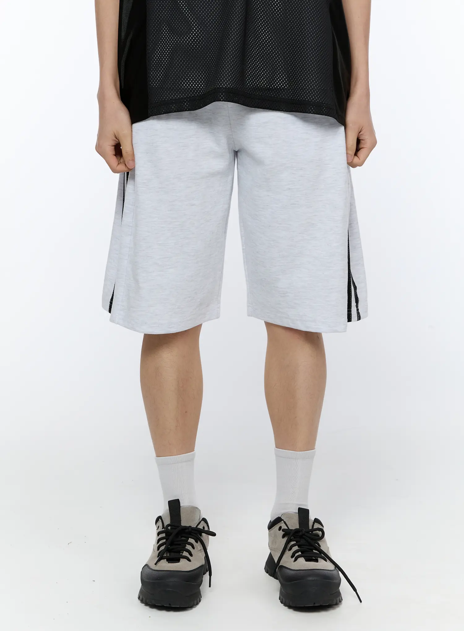 Men's Black Stripe Track Shorts (Light Gray) IA517 - Image 2