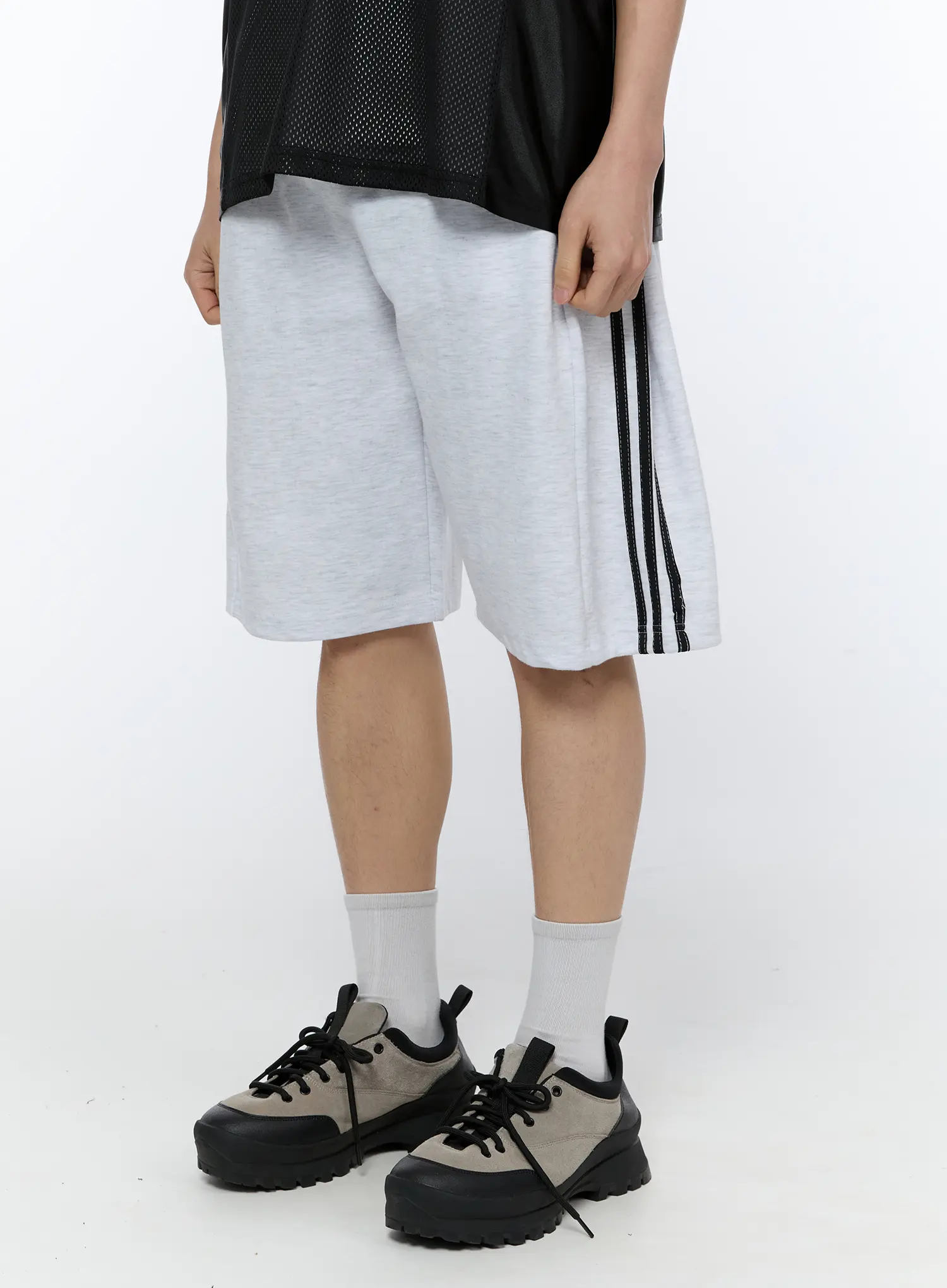 Men's Black Stripe Track Shorts (Light Gray) IA517 - Image 3