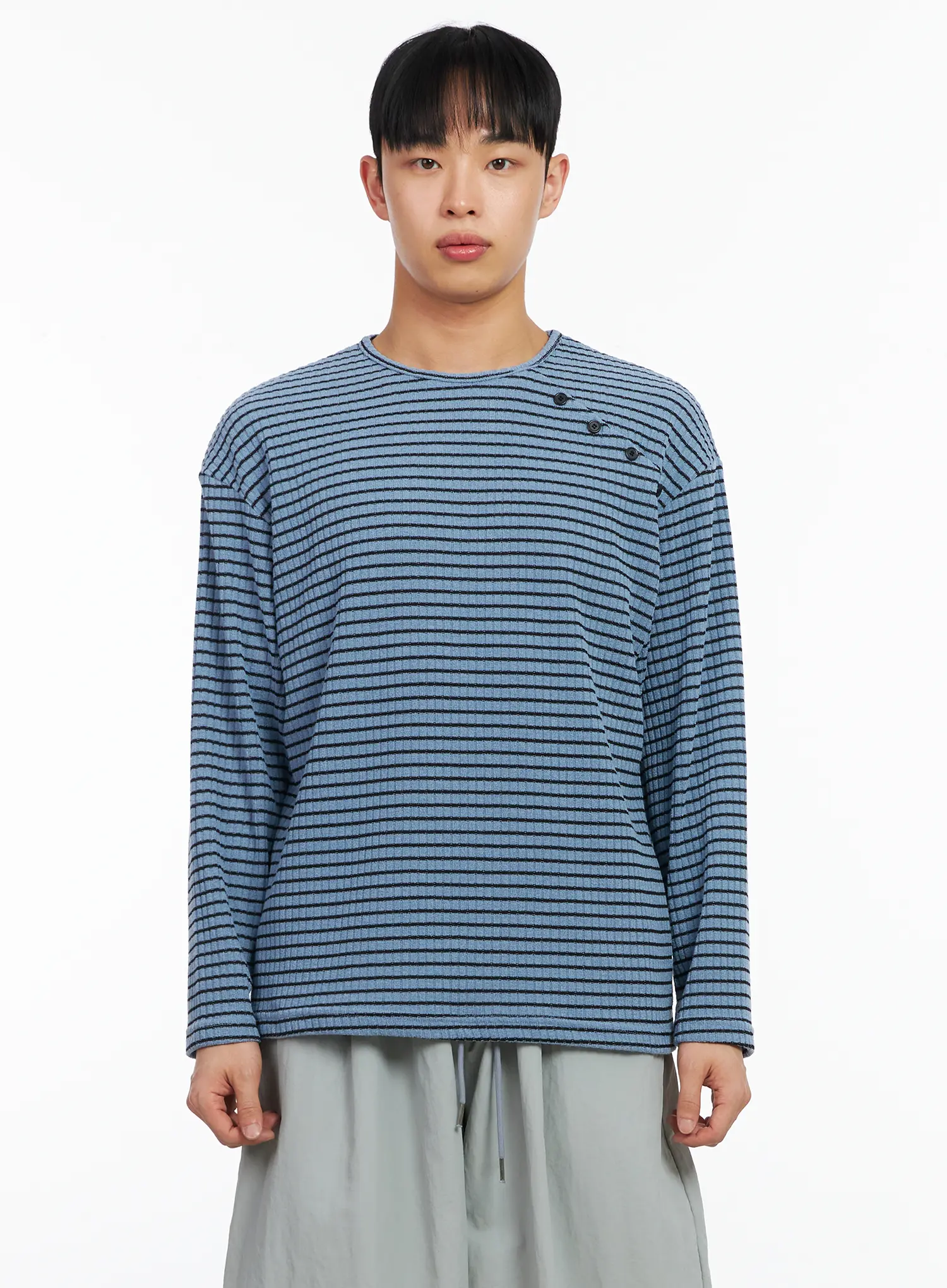 Men's Button-Accent Stripe Long Sleeve Tee IA502 - Image 9