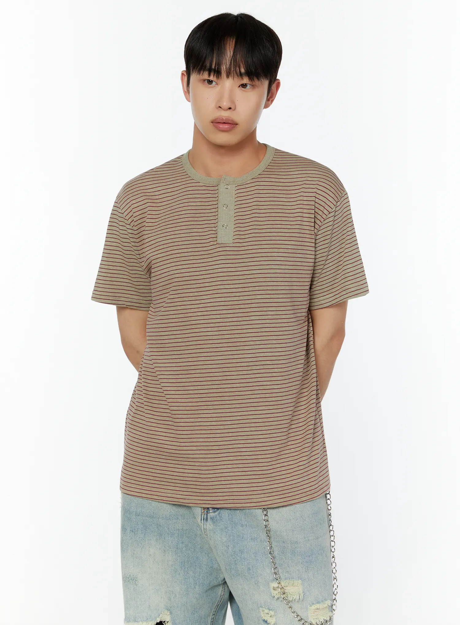 Men's Casual Henley Striped T-Shirt IU515