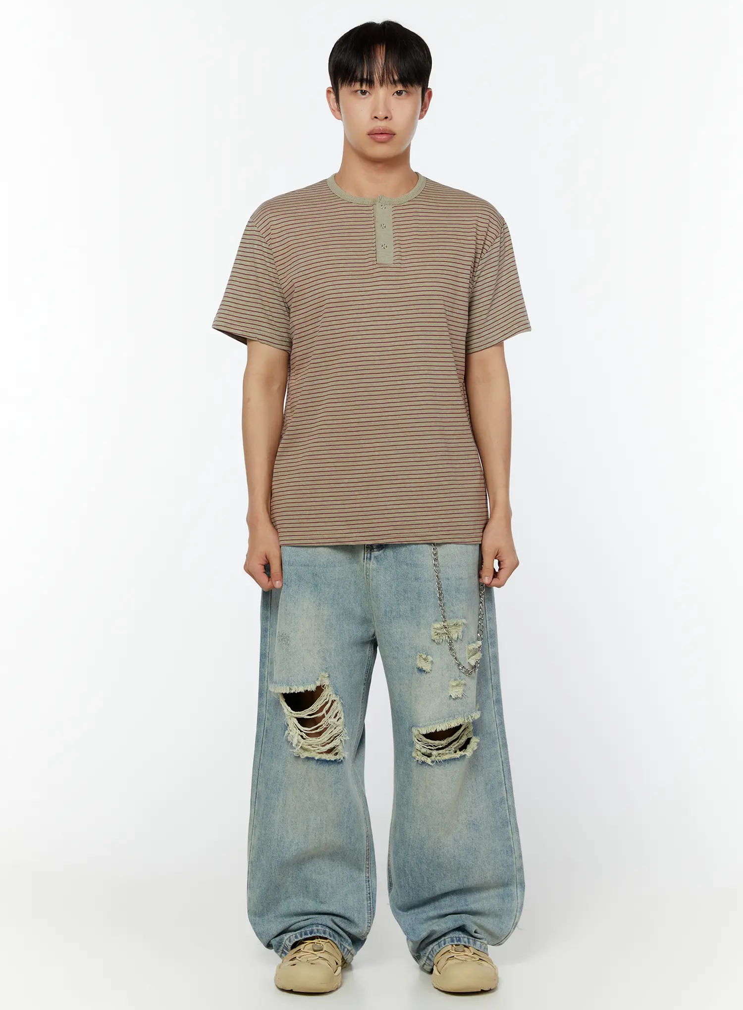 Men's Casual Henley Striped T-Shirt IU515 - Image 3