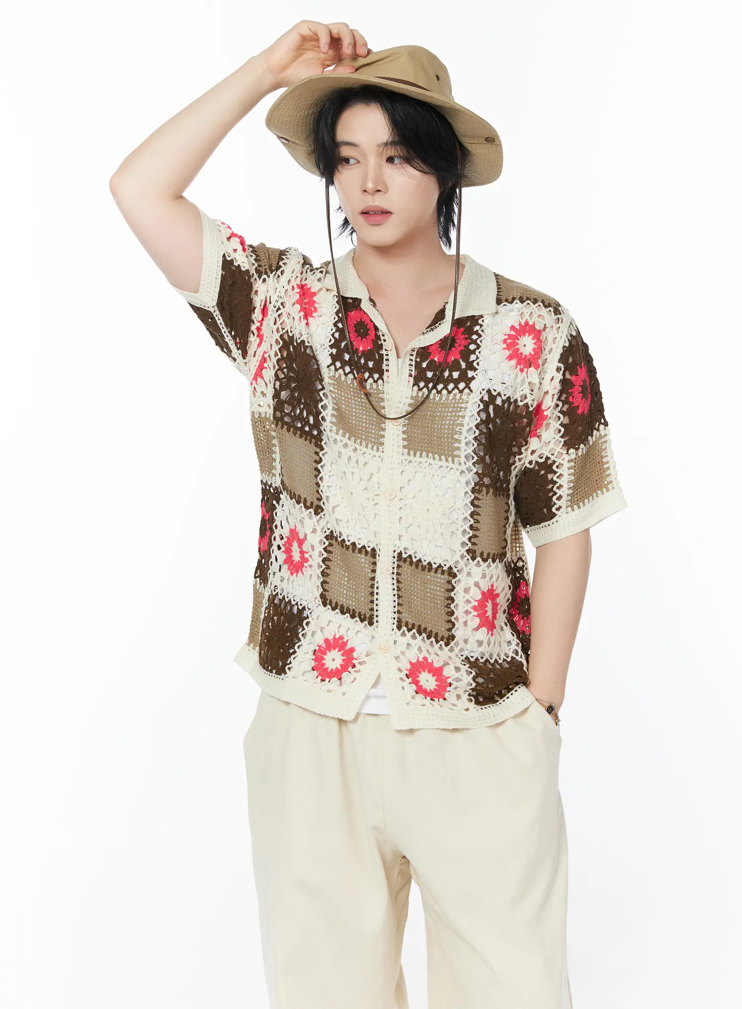 Men's Crochet Knit Short-Sleeve Cardigan IY525