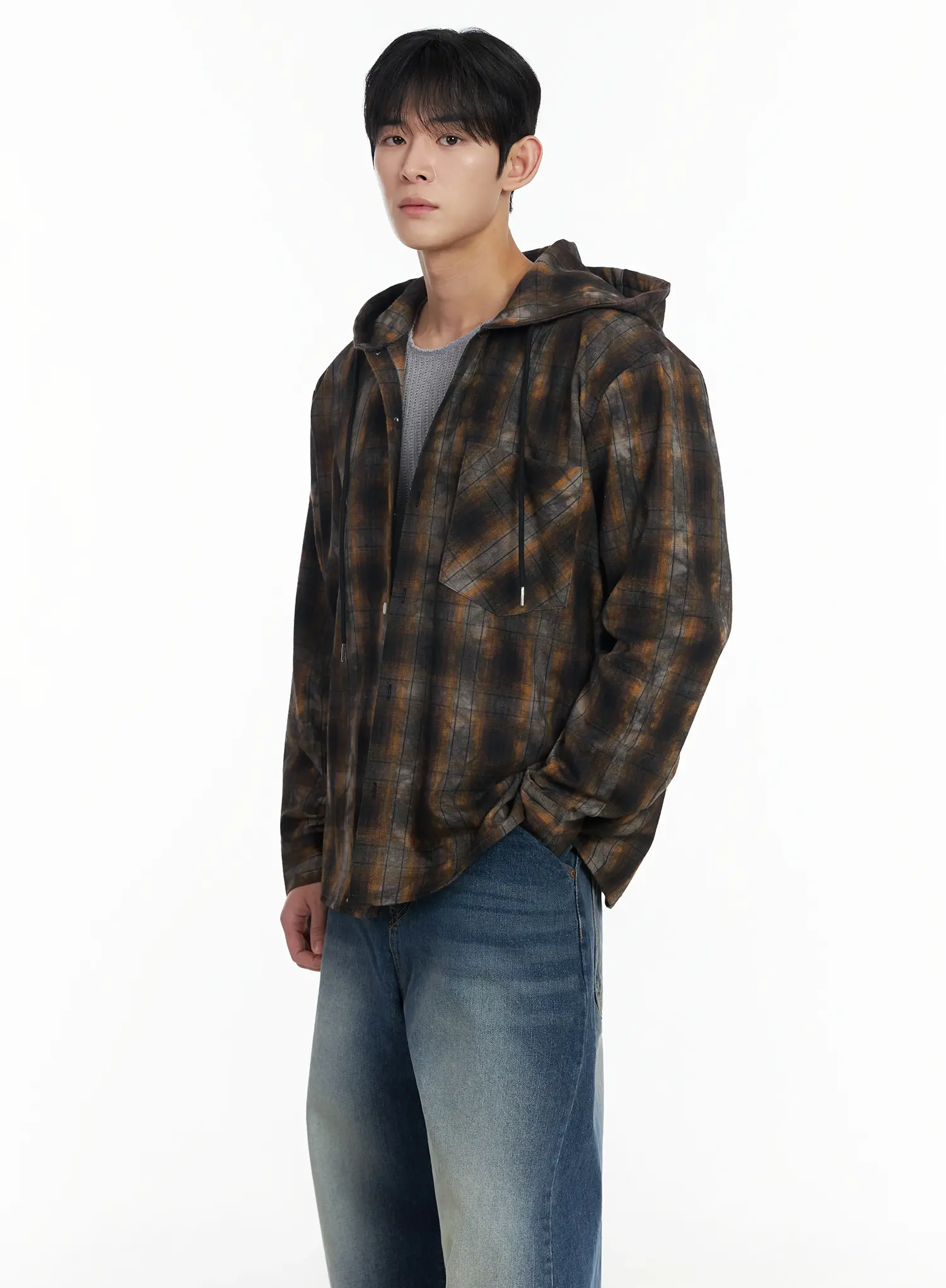Men's Dark Wash Plaid Hooded Flannel IF516