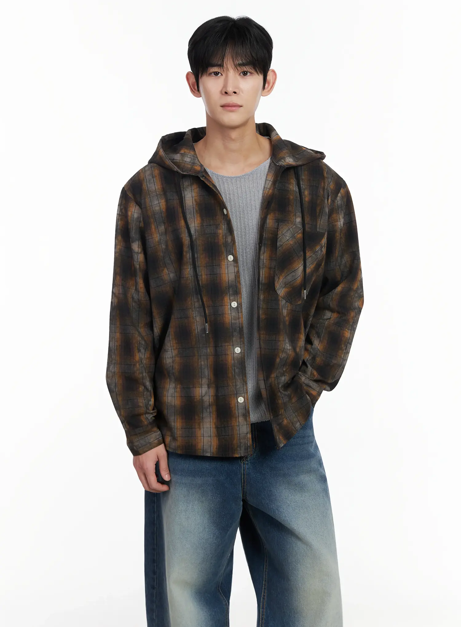 Men's Dark Wash Plaid Hooded Flannel IF516 - Image 6