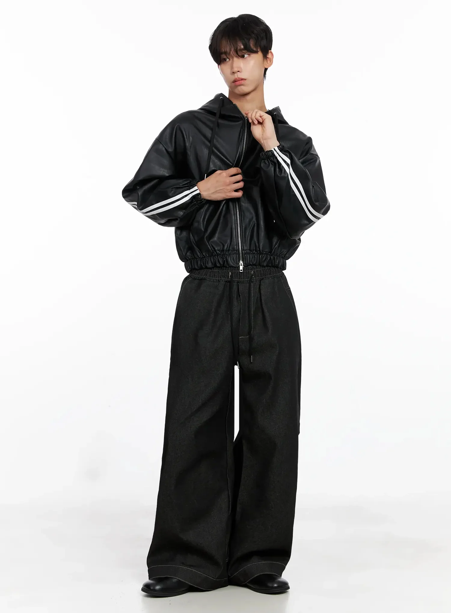Men's Faux Leather Track Hooded Jacket IO517 - Image 13