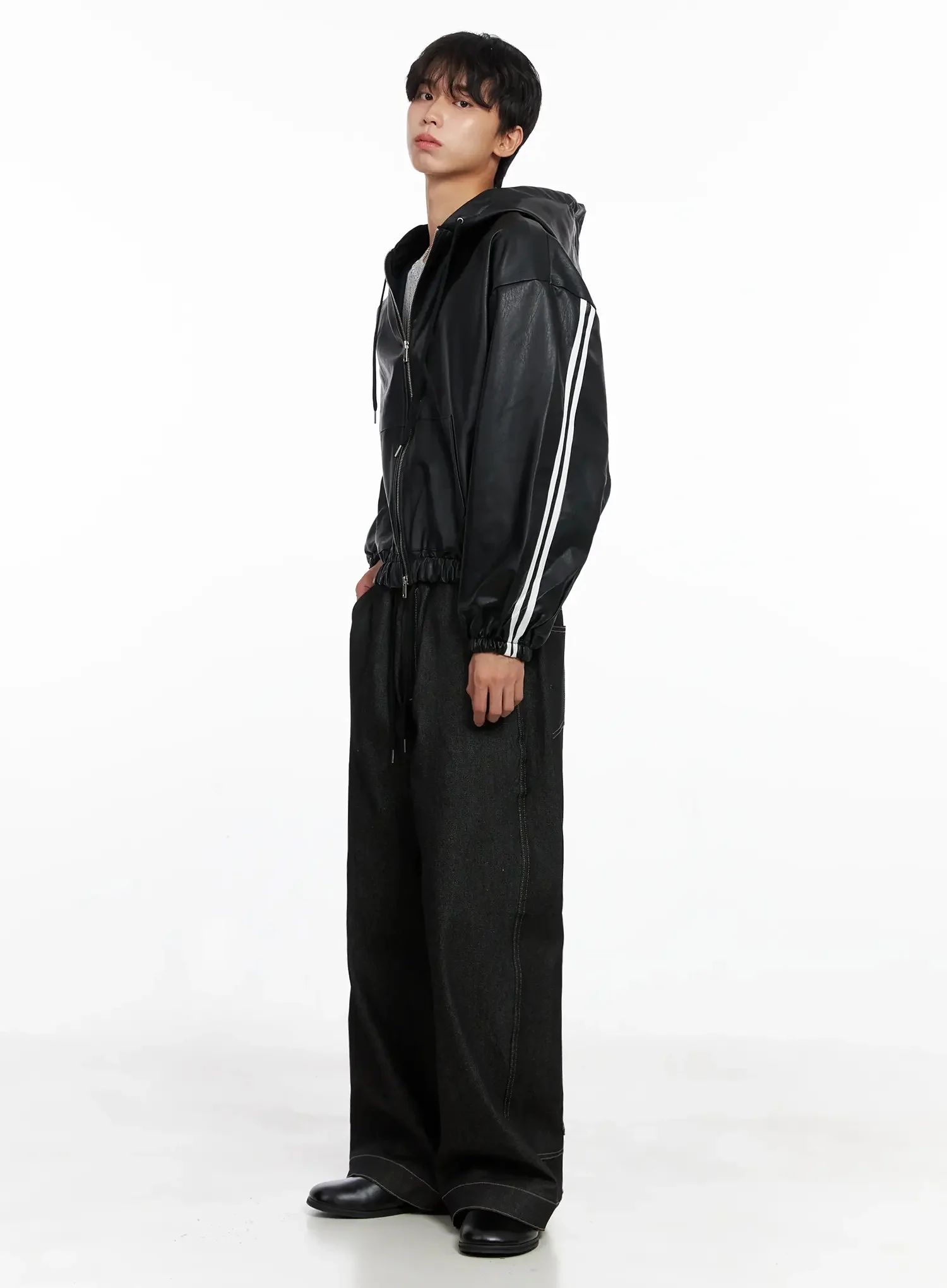 Men's Faux Leather Track Hooded Jacket IO517 - Image 14