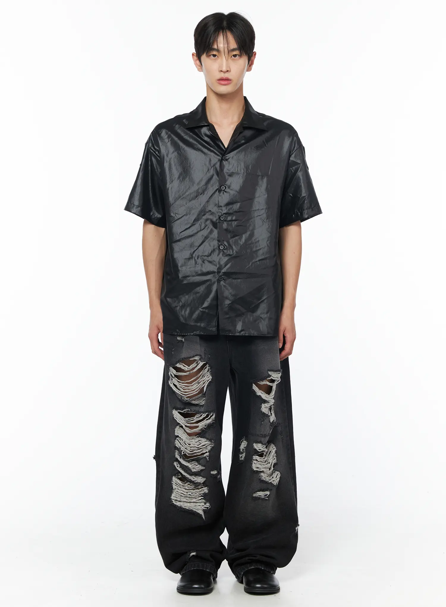 Men's Glossy Open Collar Short Sleeve Button-Up Shirt IU510 - Image 3