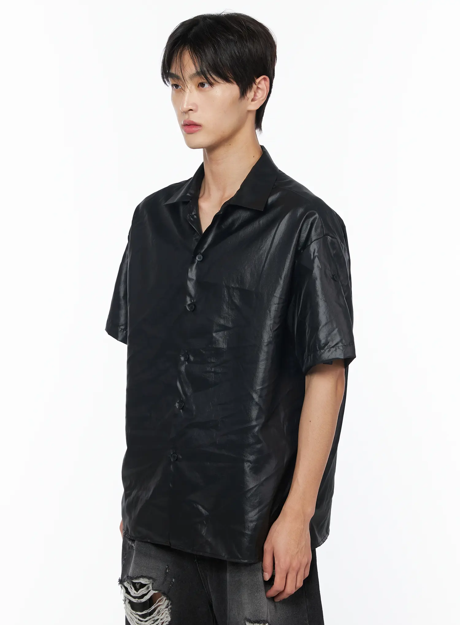 Men's Glossy Open Collar Short Sleeve Button-Up Shirt IU510 - Image 4