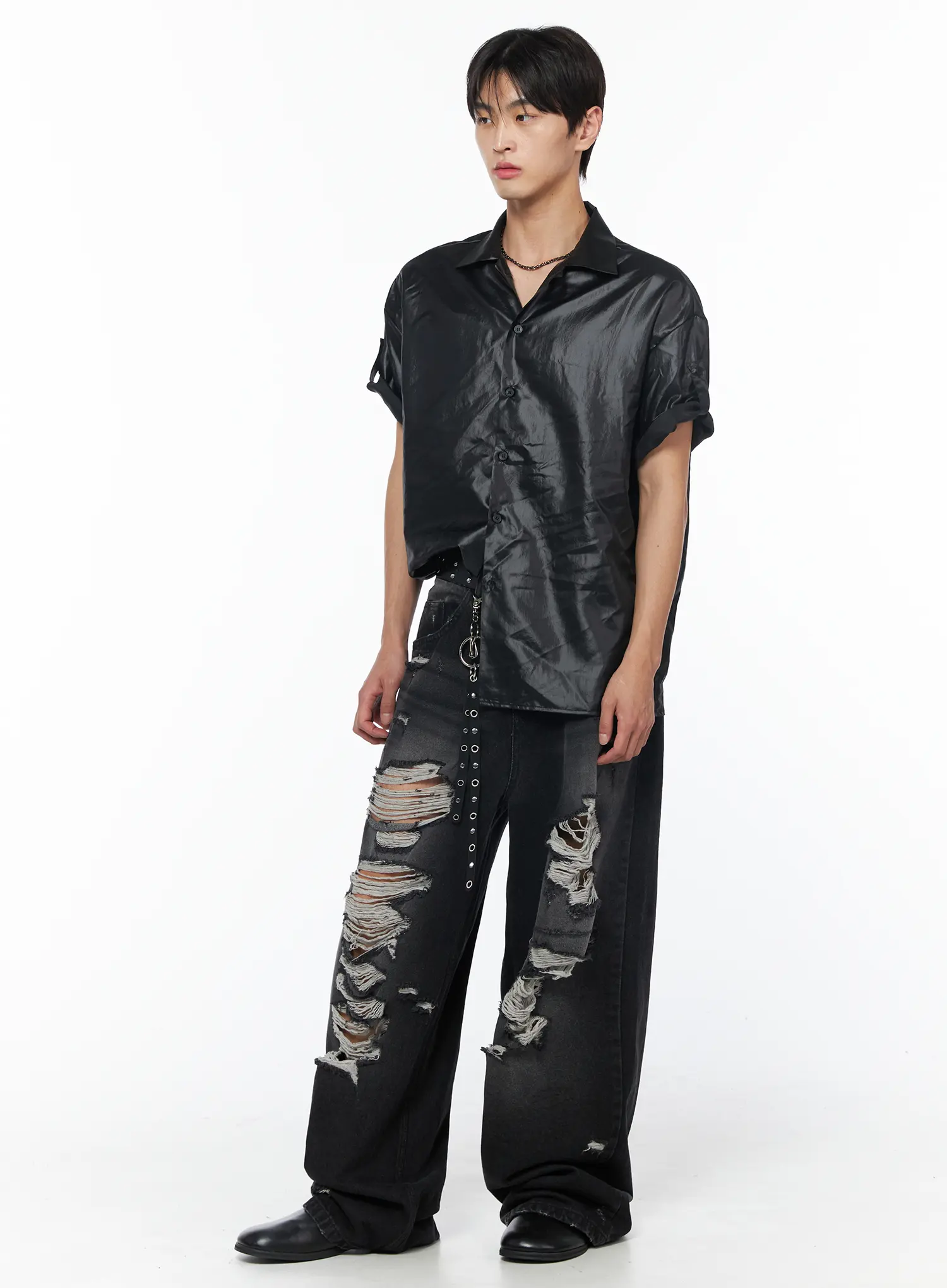 Men's Glossy Open Collar Short Sleeve Button-Up Shirt IU510 - Image 6