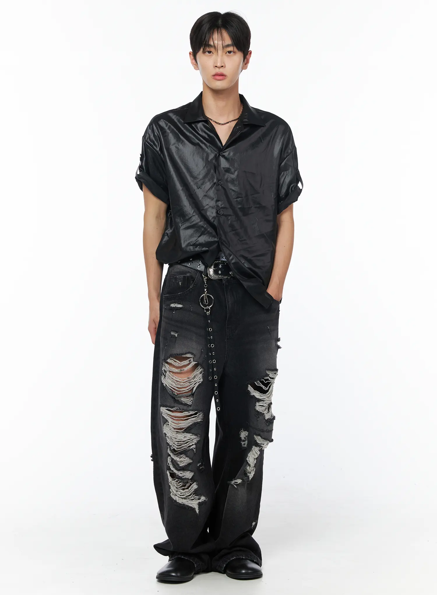 Men's Glossy Open Collar Short Sleeve Button-Up Shirt IU510 - Image 7