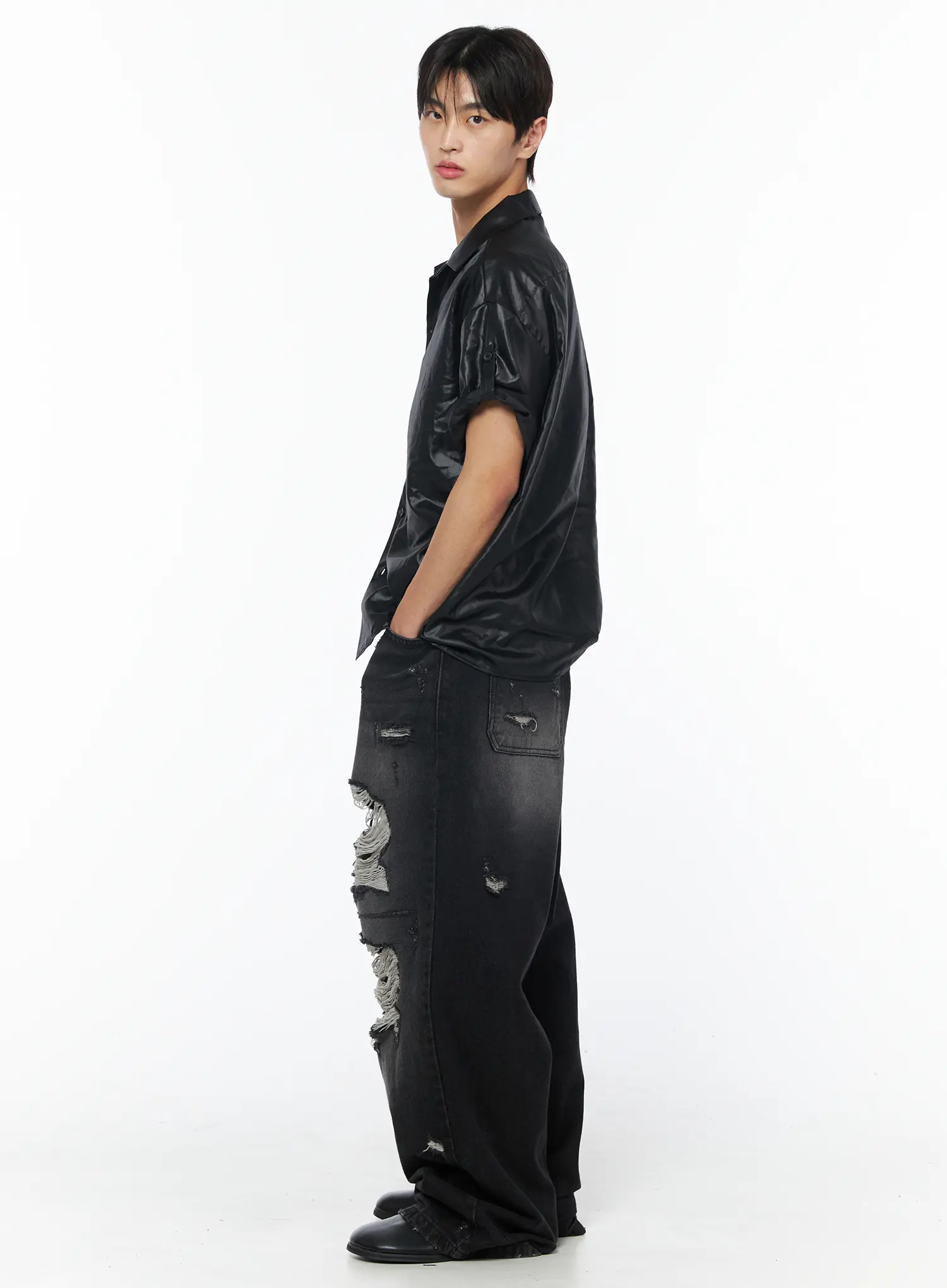 Men's Glossy Open Collar Short Sleeve Button-Up Shirt IU510 - Image 8