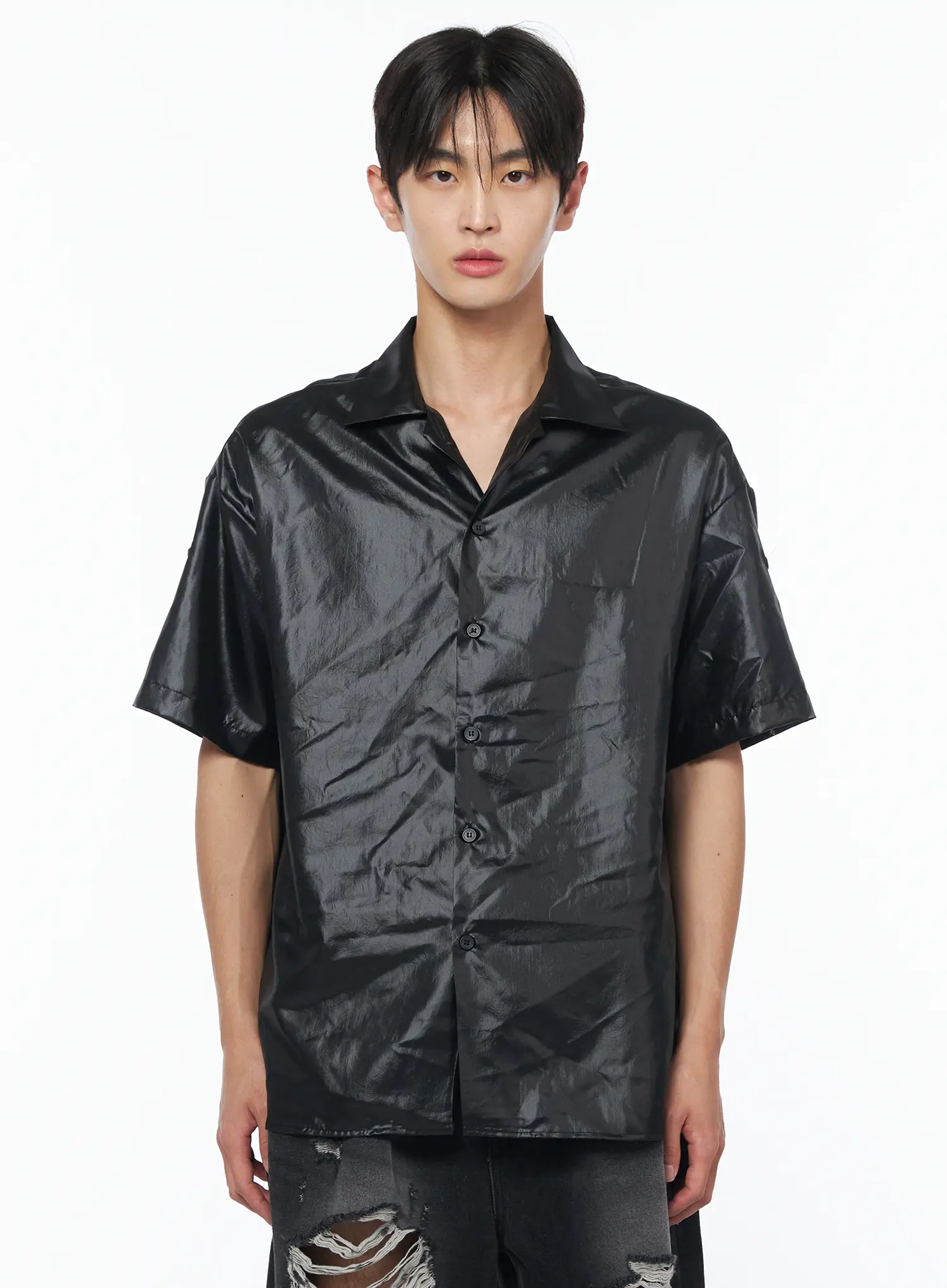 Men's Glossy Open Collar Short Sleeve Button-Up Shirt IU510 - Image 9
