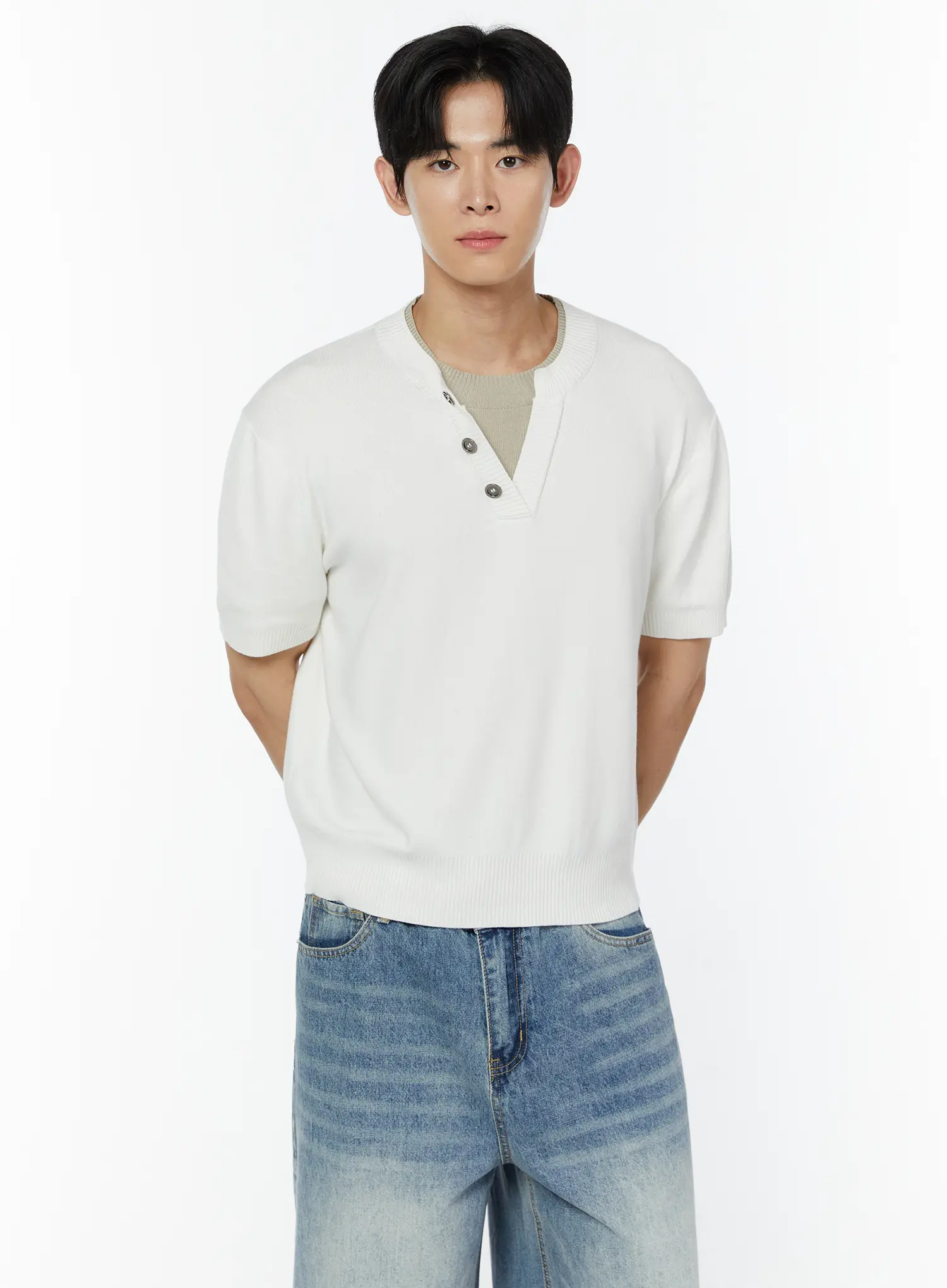 Men's Layered Henley Neck Short Sleeve Knit IU504 - Image 6