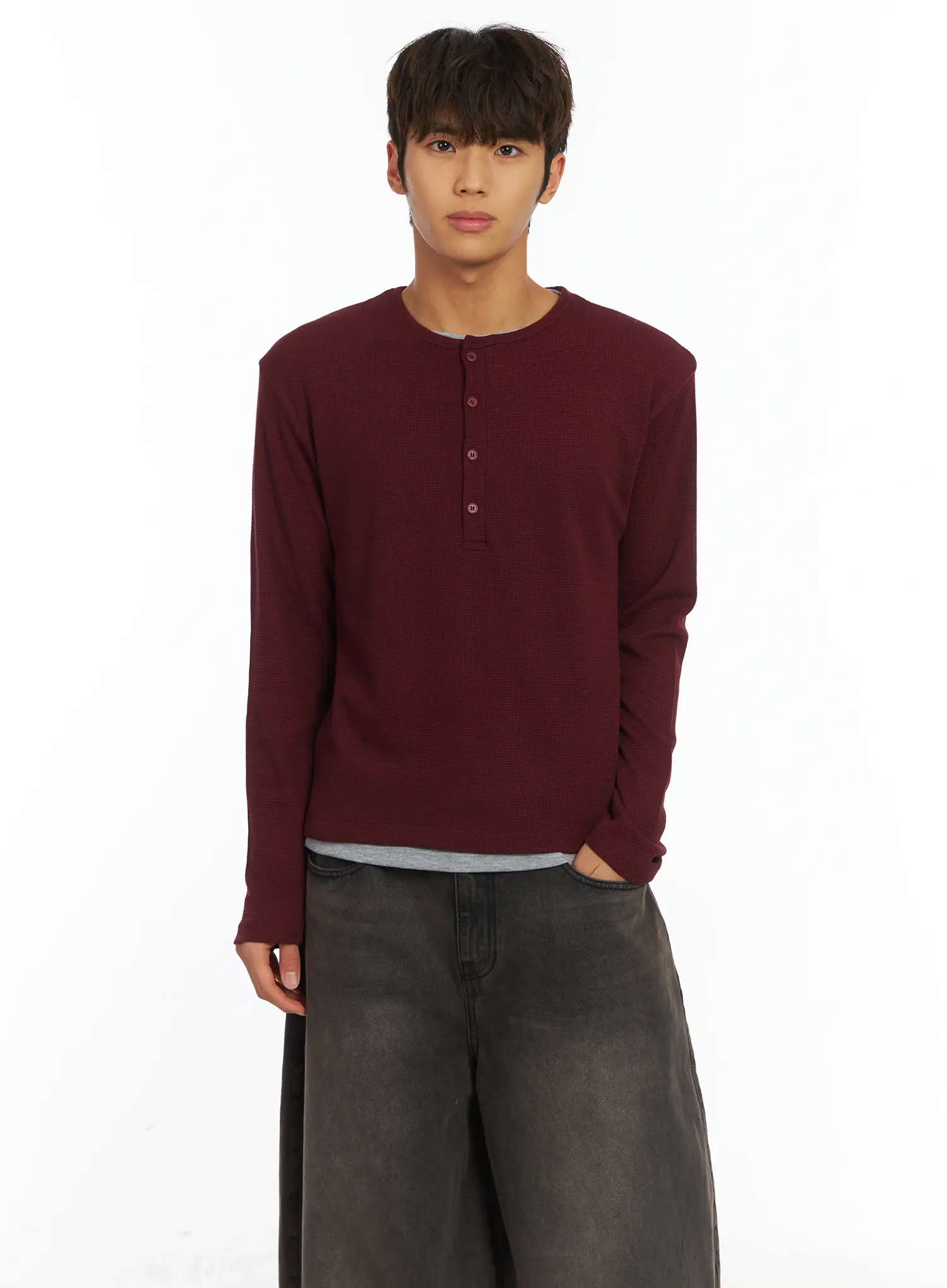 Men's Layered Waffle Henley Long Sleeve Shirt IJ514 - Image 6